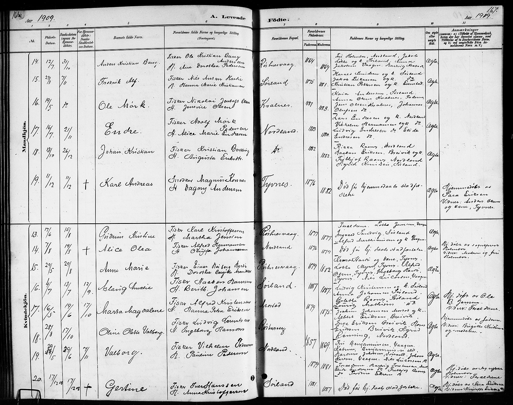 Ministerialprotokoller, klokkerbøker og fødselsregistre - Nordland, AV/SAT-A-1459/807/L0123: Parish register (copy) no. 807C01, 1884-1910, p. 166-167