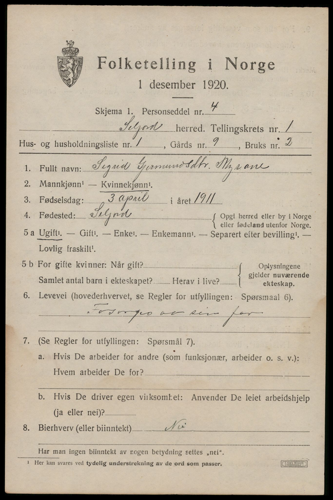 SAKO, 1920 census for Seljord, 1920, p. 1230