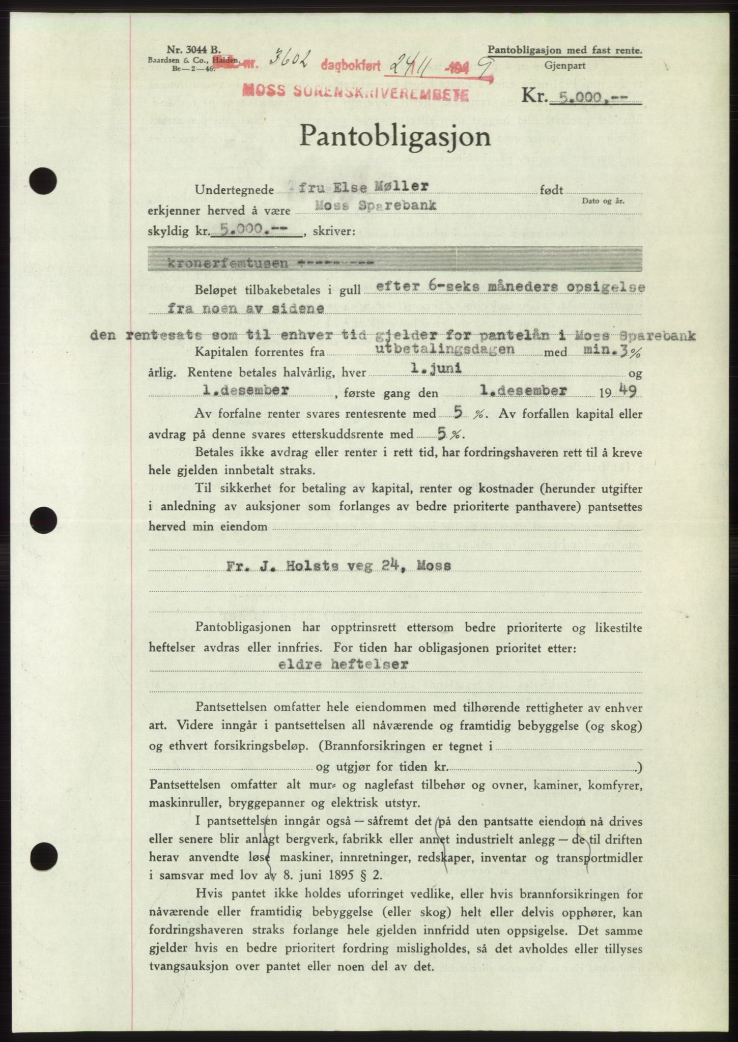 Moss sorenskriveri, SAO/A-10168: Mortgage book no. B23, 1949-1950, Diary no: : 3602/1949