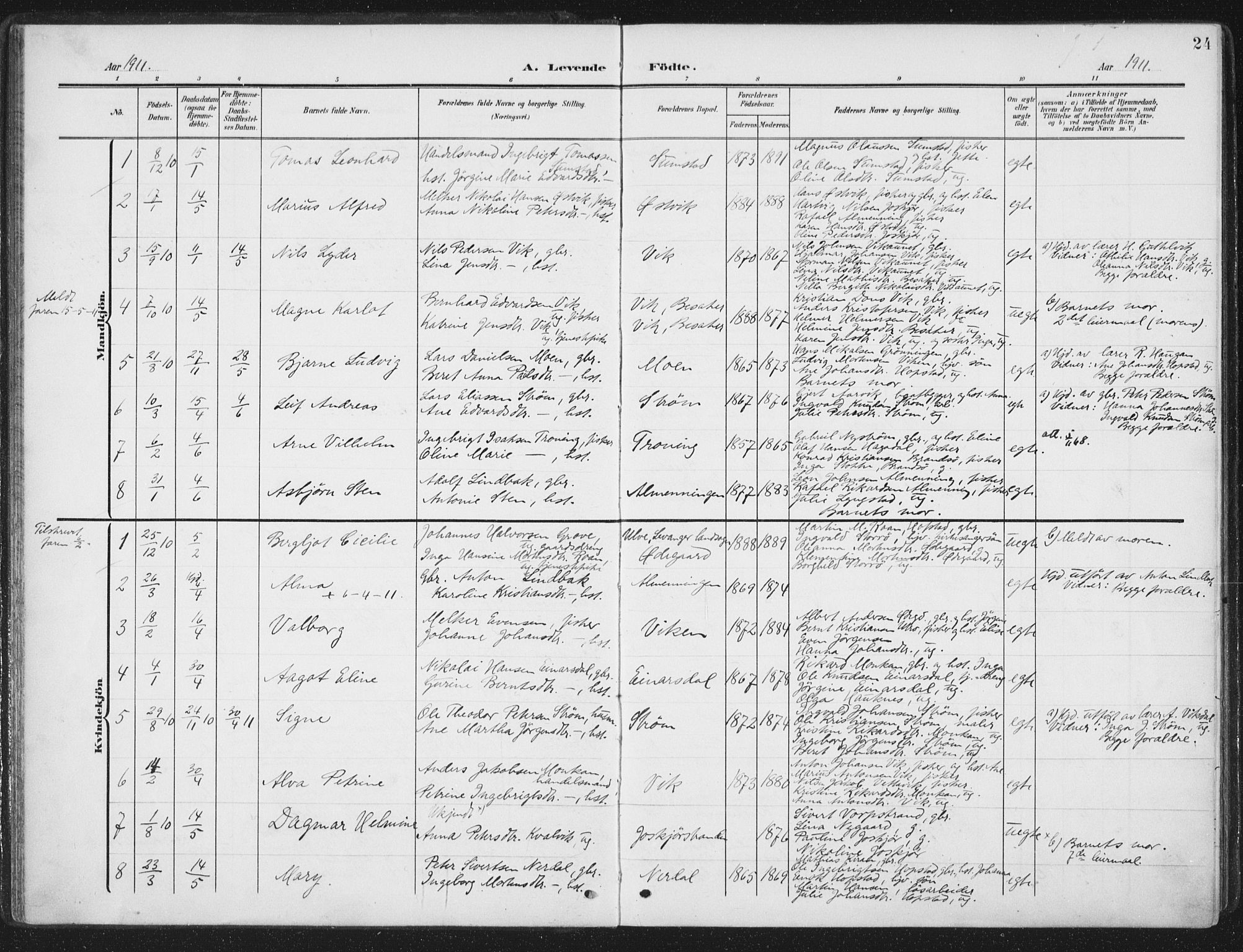 Ministerialprotokoller, klokkerbøker og fødselsregistre - Sør-Trøndelag, SAT/A-1456/657/L0709: Parish register (official) no. 657A10, 1905-1919, p. 24