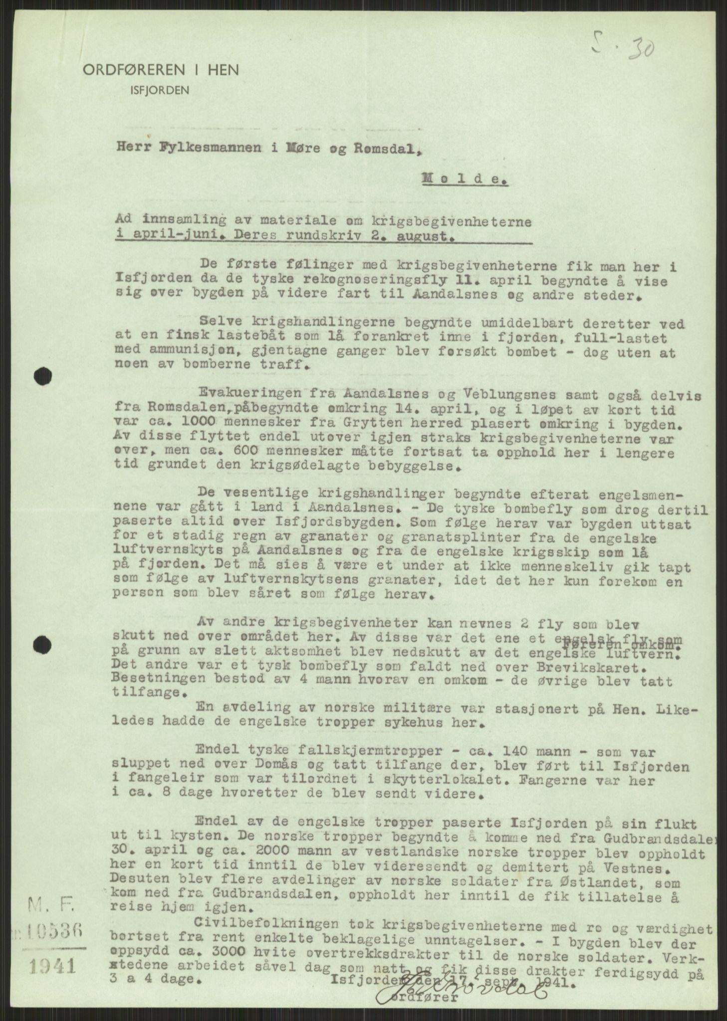 Forsvaret, Forsvarets krigshistoriske avdeling, AV/RA-RAFA-2017/Y/Ya/L0015: II-C-11-31 - Fylkesmenn.  Rapporter om krigsbegivenhetene 1940., 1940, p. 621