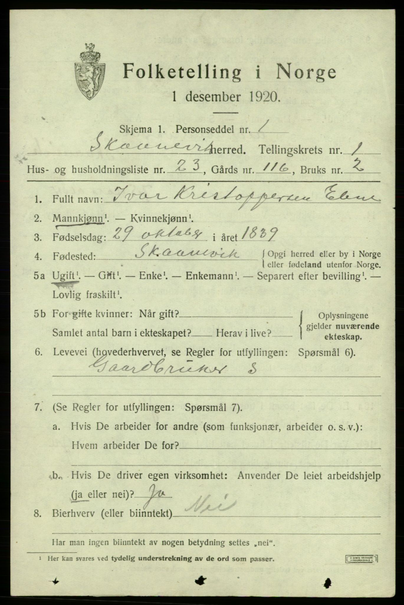 SAB, 1920 census for Skånevik, 1920, p. 2467