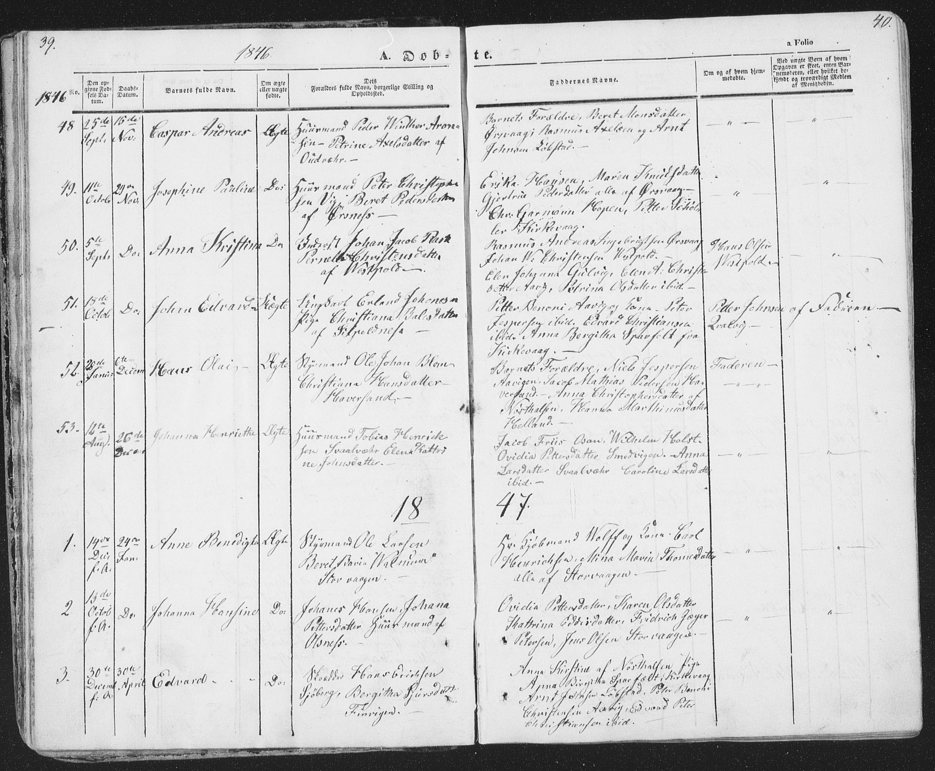 Ministerialprotokoller, klokkerbøker og fødselsregistre - Nordland, AV/SAT-A-1459/874/L1072: Parish register (copy) no. 874C01, 1843-1859, p. 39-40