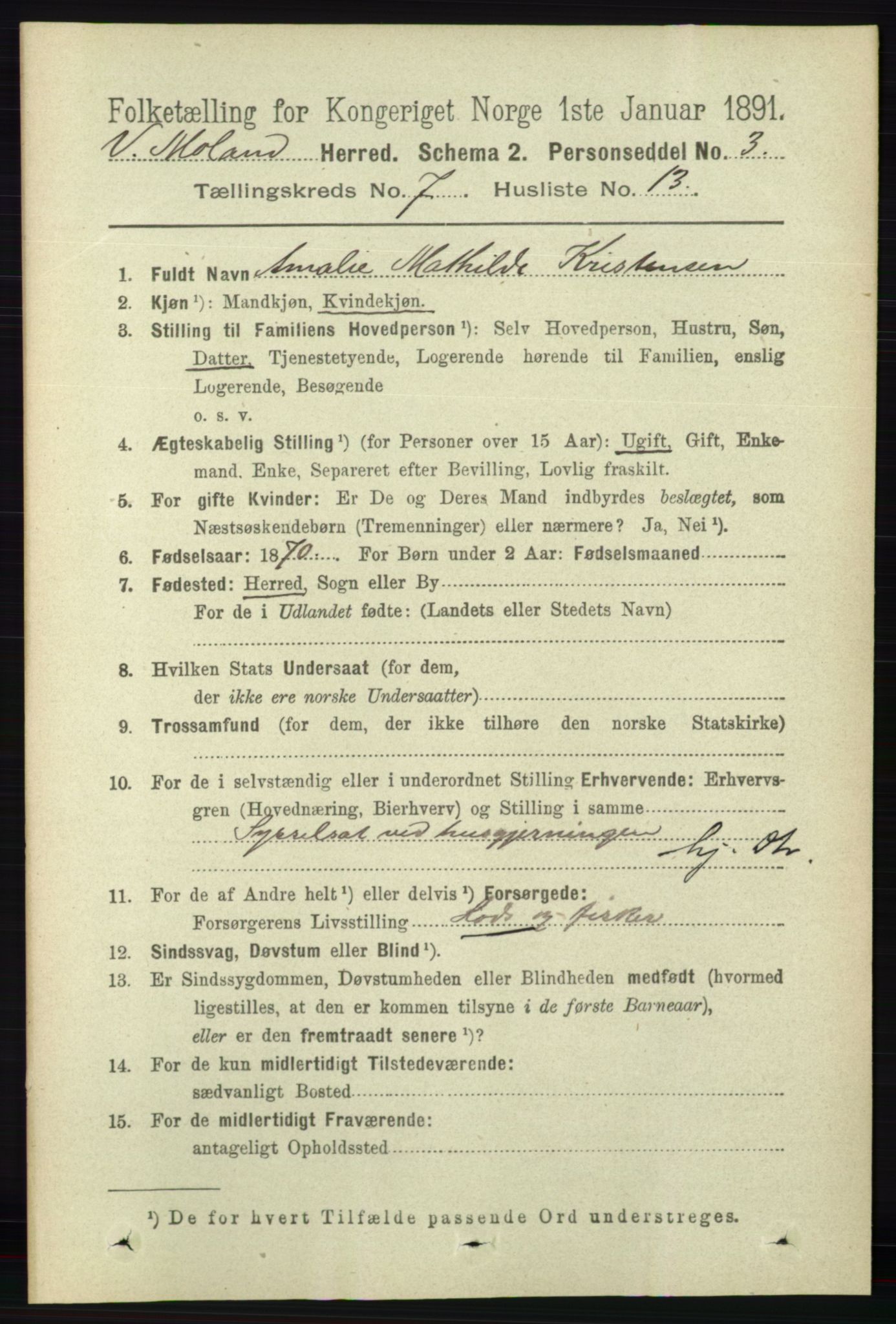 RA, 1891 census for 0926 Vestre Moland, 1891, p. 2850
