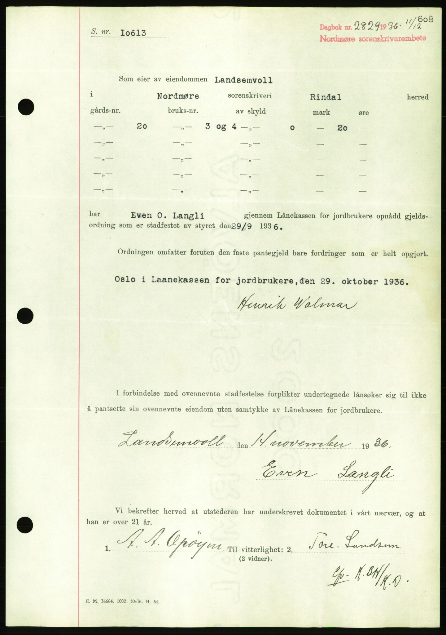 Nordmøre sorenskriveri, AV/SAT-A-4132/1/2/2Ca/L0090: Mortgage book no. B80, 1936-1937, Diary no: : 2829/1936