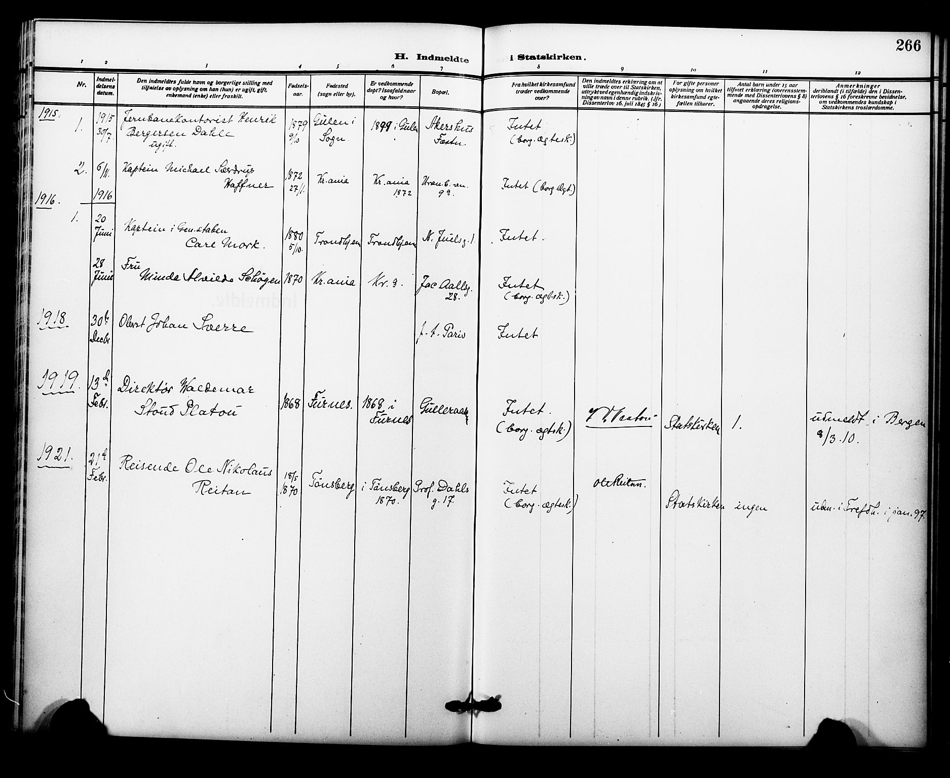 Garnisonsmenigheten Kirkebøker, SAO/A-10846/F/Fa/L0015: Parish register (official) no. 15, 1915-1921, p. 266