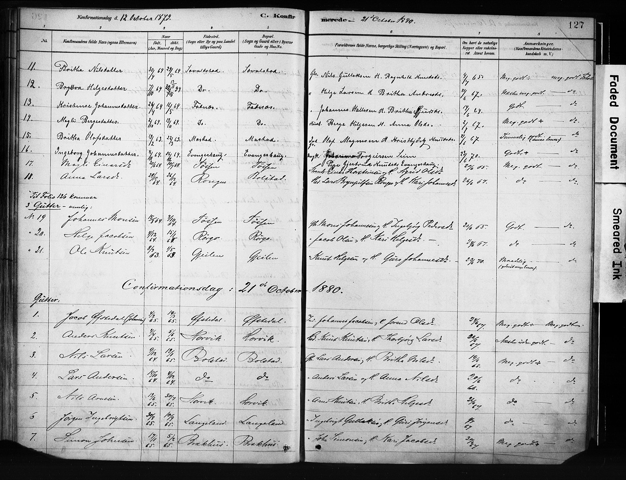 Evanger sokneprestembete, SAB/A-99924: Parish register (official) no. A 1, 1877-1899, p. 127