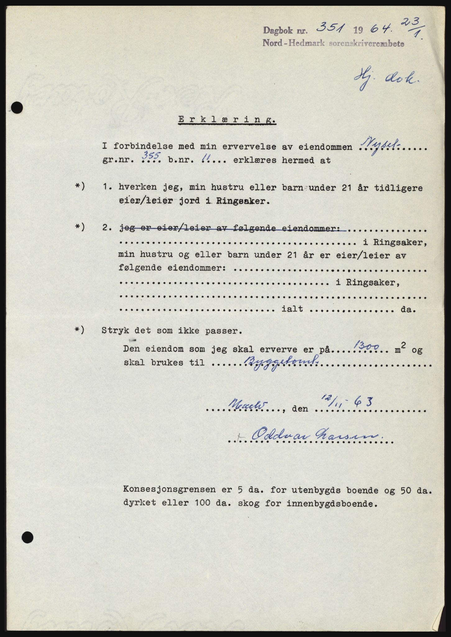 Nord-Hedmark sorenskriveri, SAH/TING-012/H/Hc/L0019: Mortgage book no. 19, 1963-1964, Diary no: : 351/1964