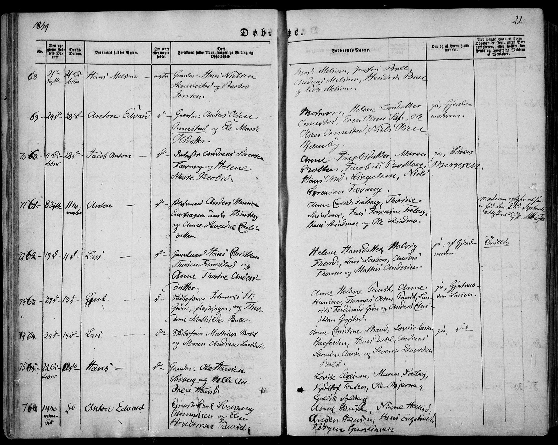 Sandar kirkebøker, SAKO/A-243/F/Fa/L0006: Parish register (official) no. 6, 1847-1860, p. 22