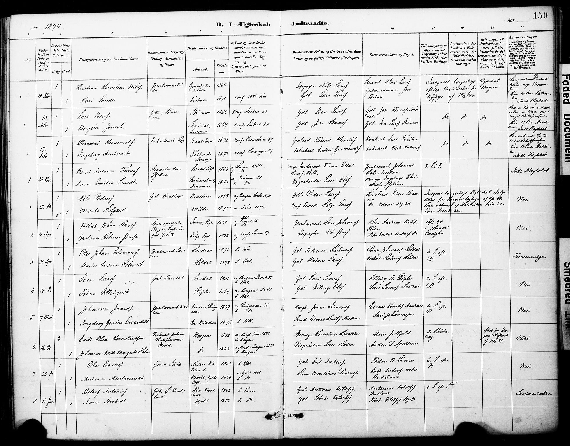 Fana Sokneprestembete, SAB/A-75101/H/Haa/Haai/L0002: Parish register (official) no. I 2, 1888-1899, p. 150