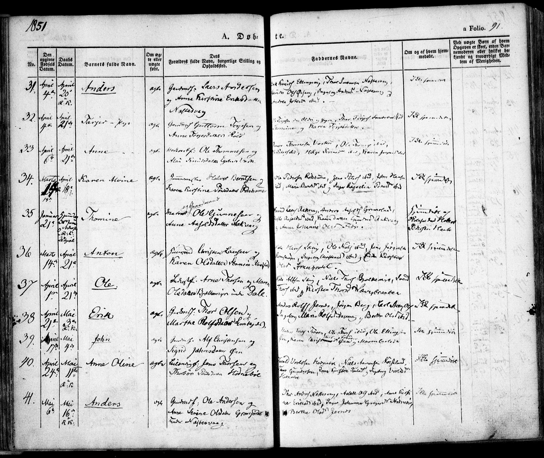 Søndeled sokneprestkontor, SAK/1111-0038/F/Fa/L0002: Parish register (official) no. A 2, 1839-1860, p. 91