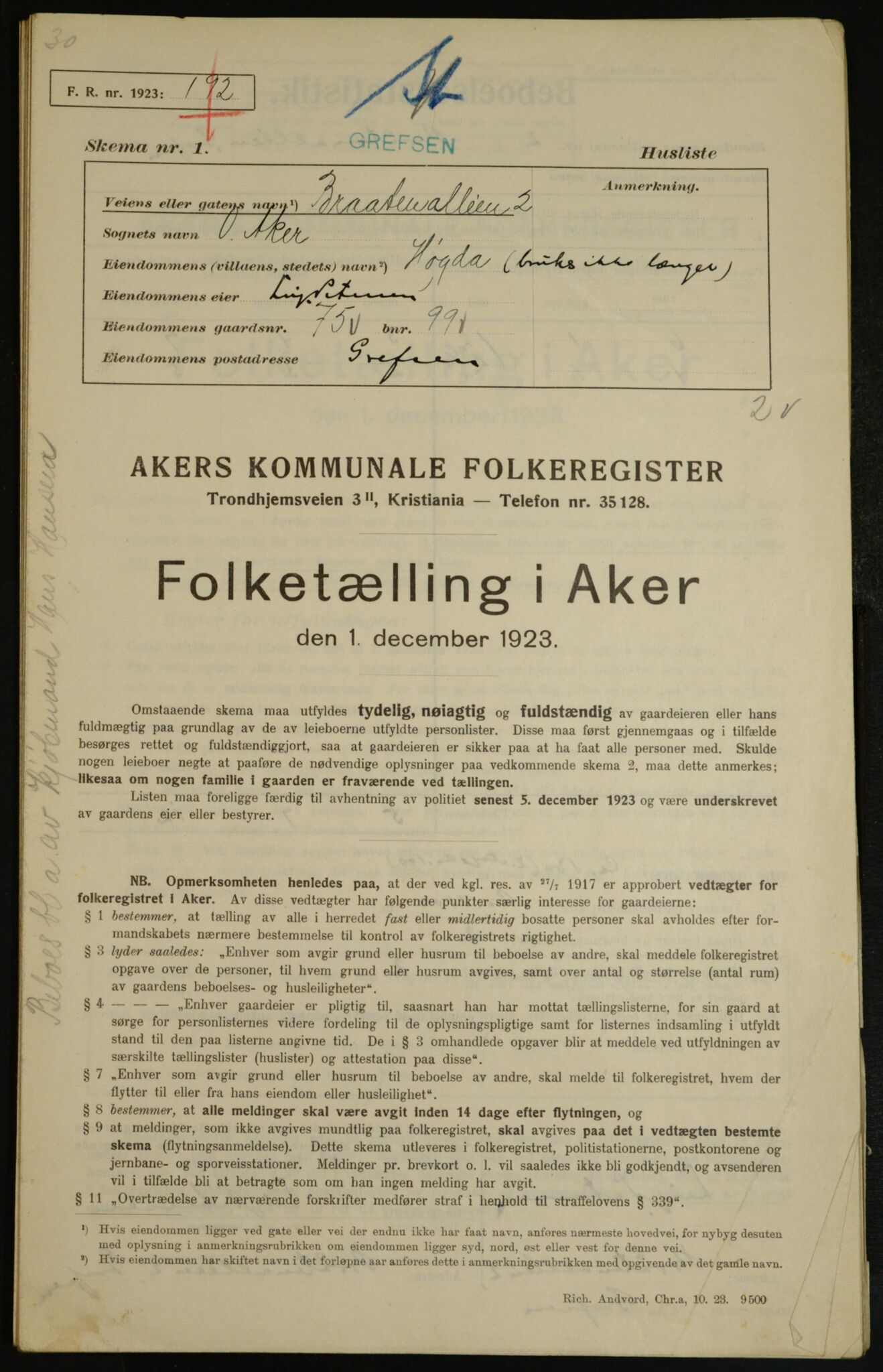 , Municipal Census 1923 for Aker, 1923, p. 8567