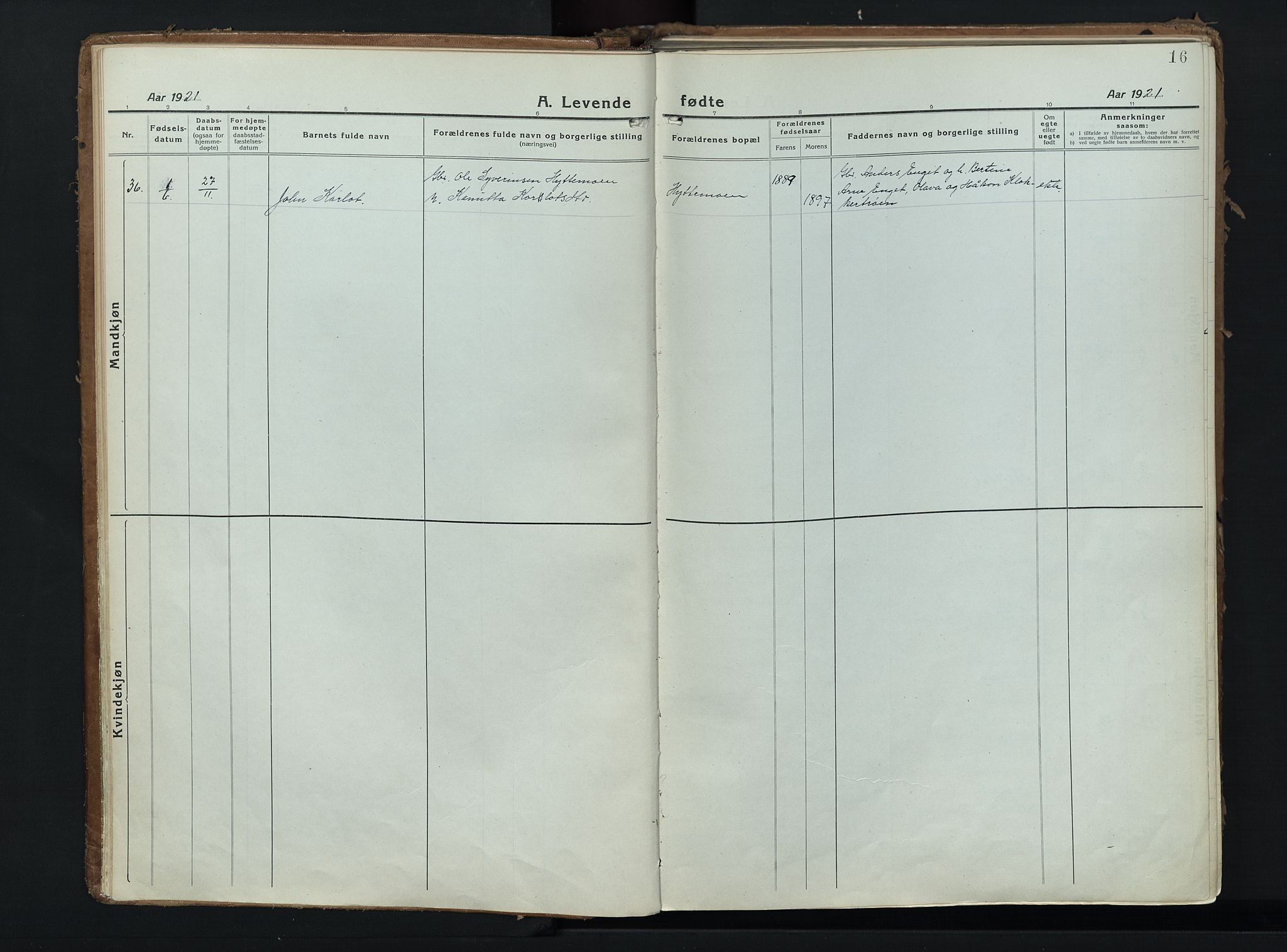 Alvdal prestekontor, SAH/PREST-060/H/Ha/Haa/L0006: Parish register (official) no. 6, 1920-1937, p. 16