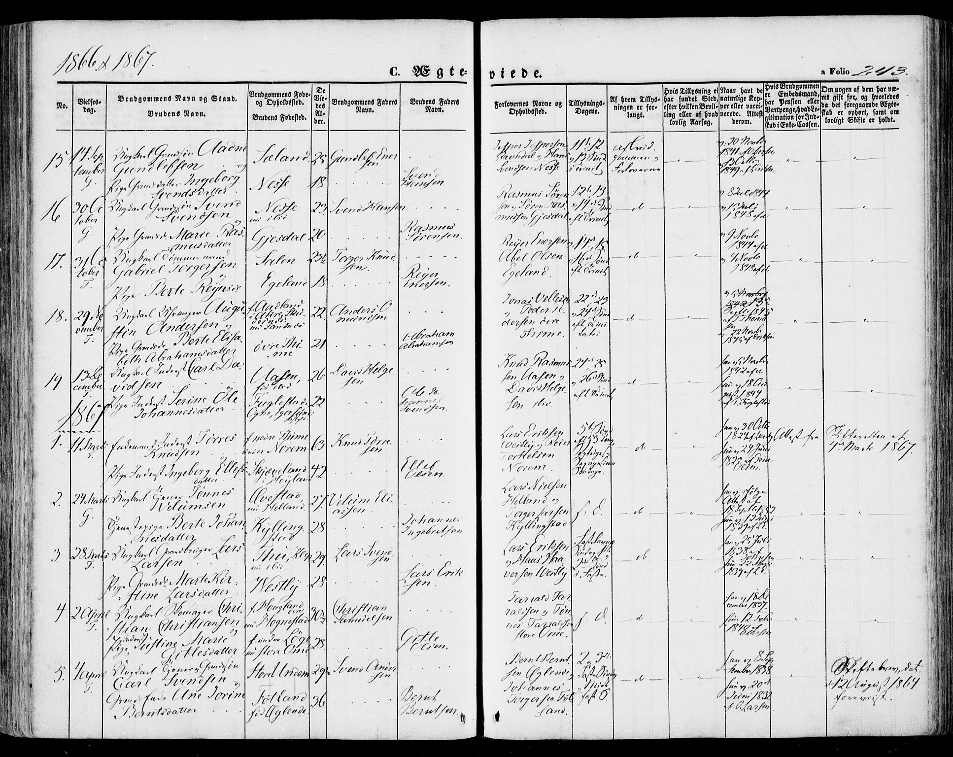 Lye sokneprestkontor, SAST/A-101794/001/30BA/L0007: Parish register (official) no. A 6, 1856-1871, p. 243