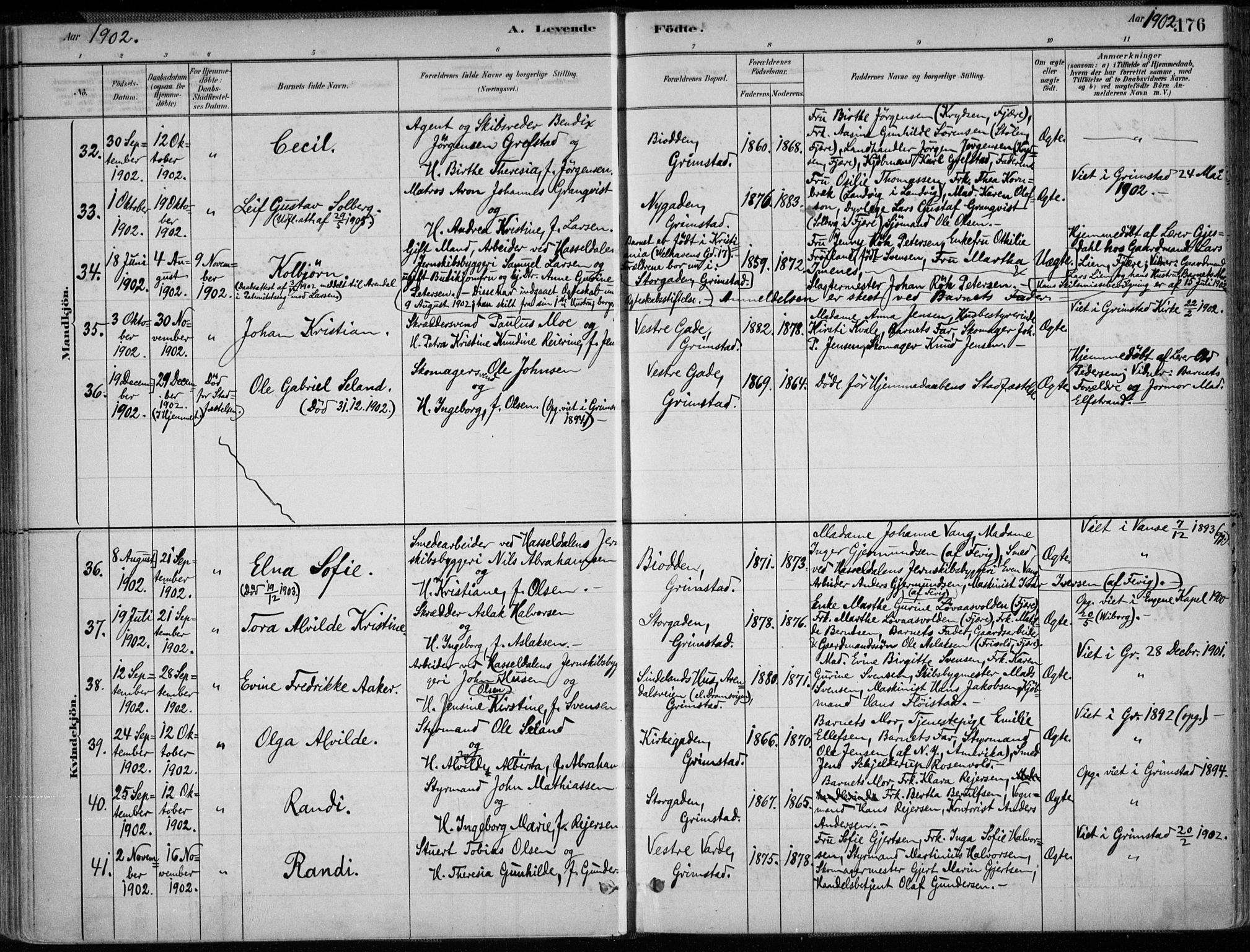 Grimstad sokneprestkontor, AV/SAK-1111-0017/F/Fa/L0003: Parish register (official) no. A 2, 1882-1912, p. 176