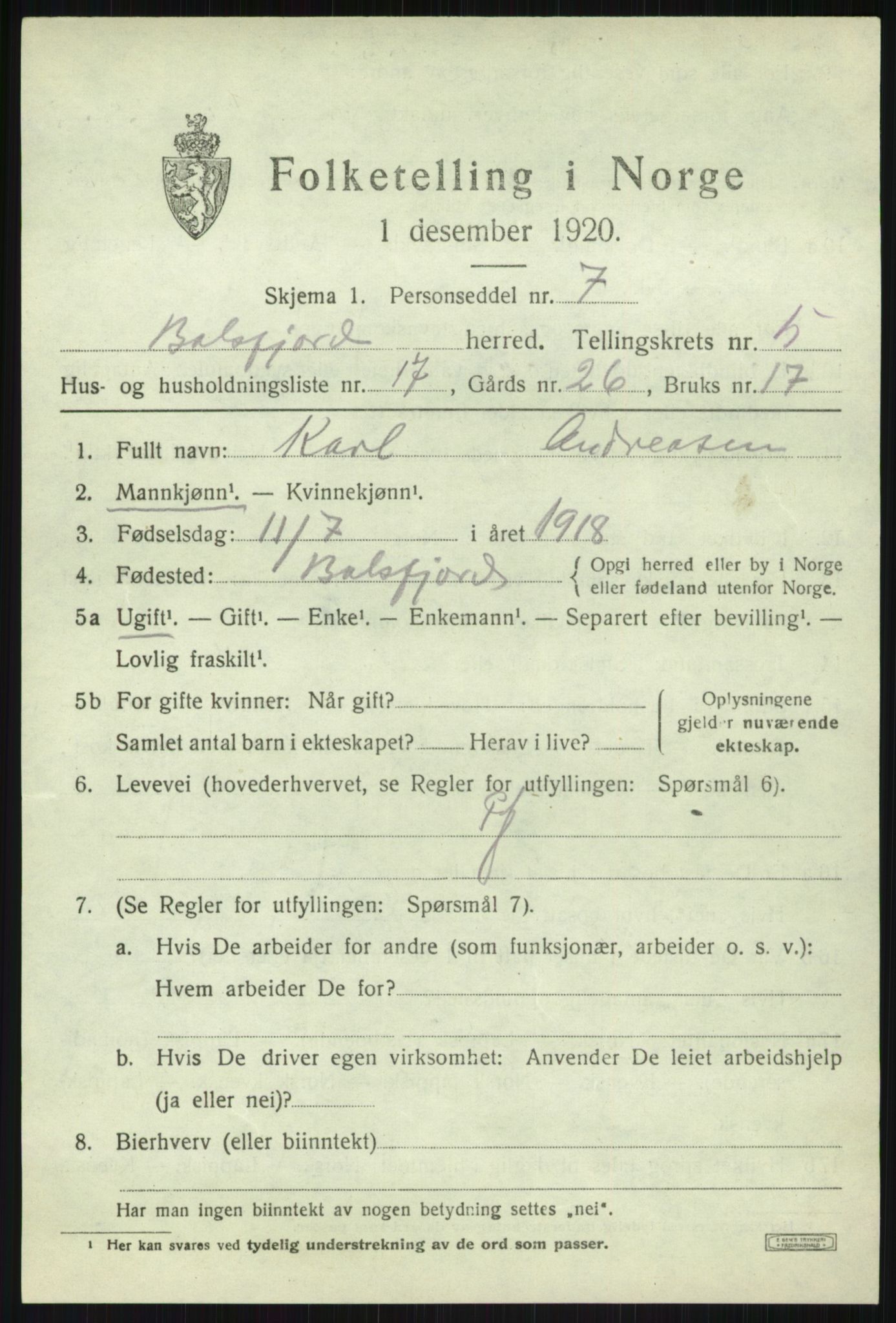 SATØ, 1920 census for Balsfjord, 1920, p. 3322
