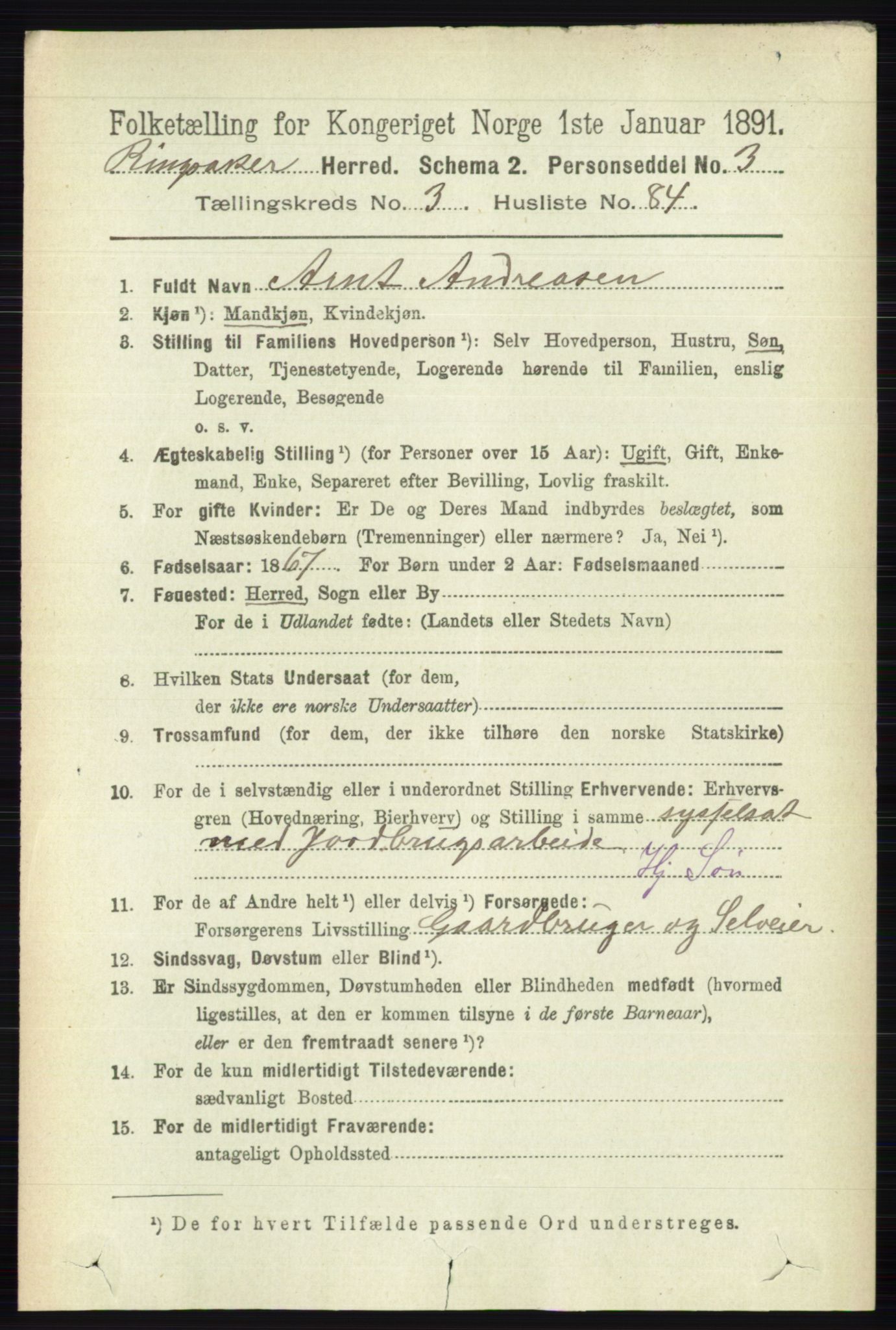 RA, 1891 census for 0412 Ringsaker, 1891, p. 1670