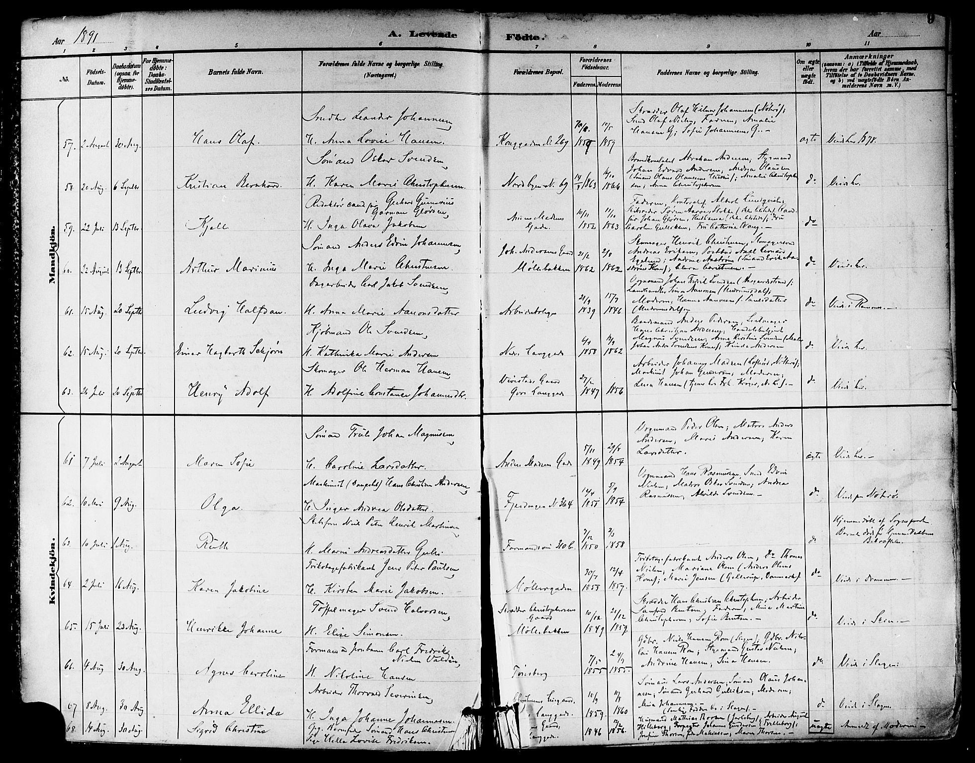 Tønsberg kirkebøker, SAKO/A-330/F/Fa/L0012: Parish register (official) no. I 12, 1891-1899, p. 9