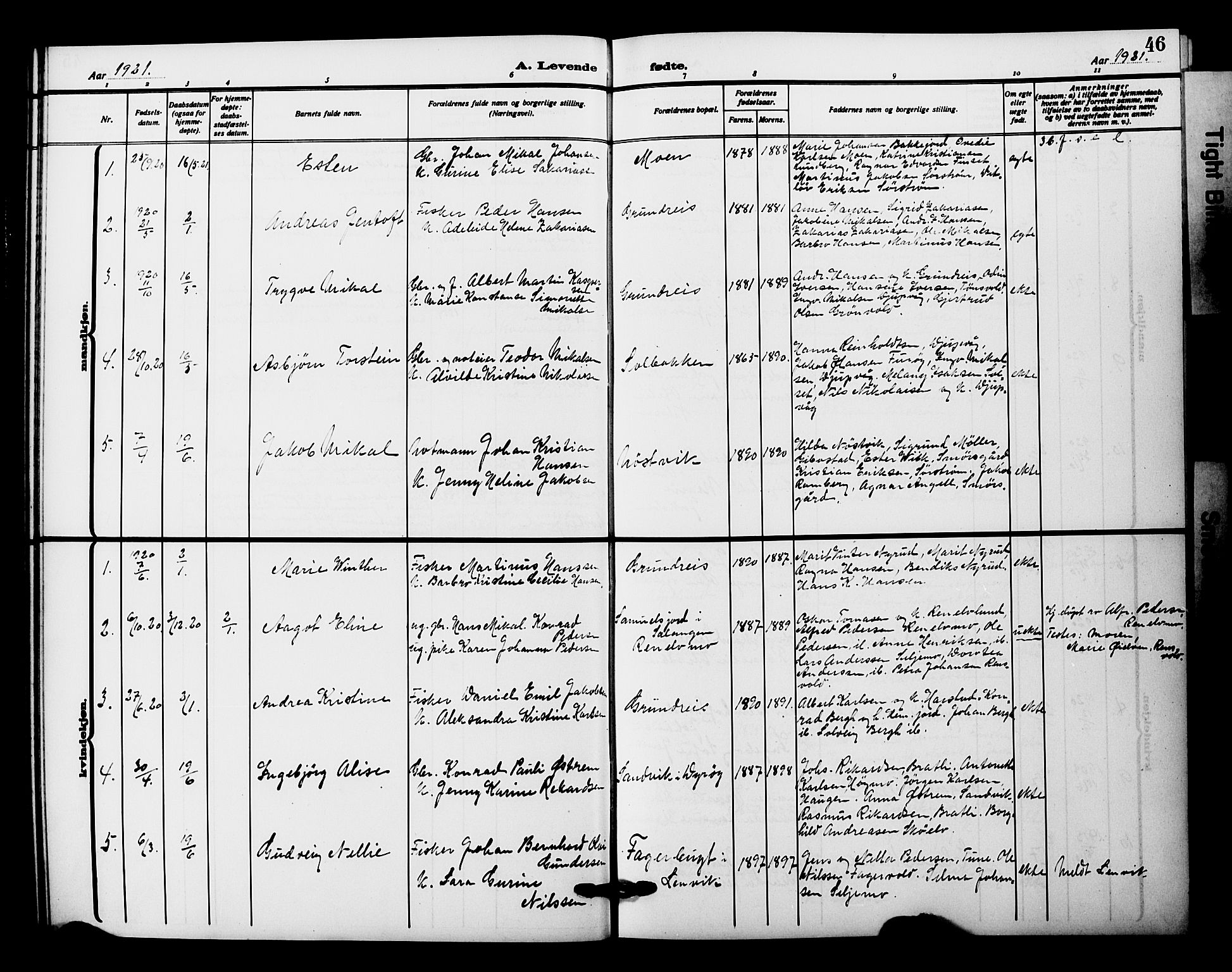 Tranøy sokneprestkontor, AV/SATØ-S-1313/I/Ia/Iab/L0023klokker: Parish register (copy) no. 23, 1913-1928, p. 46