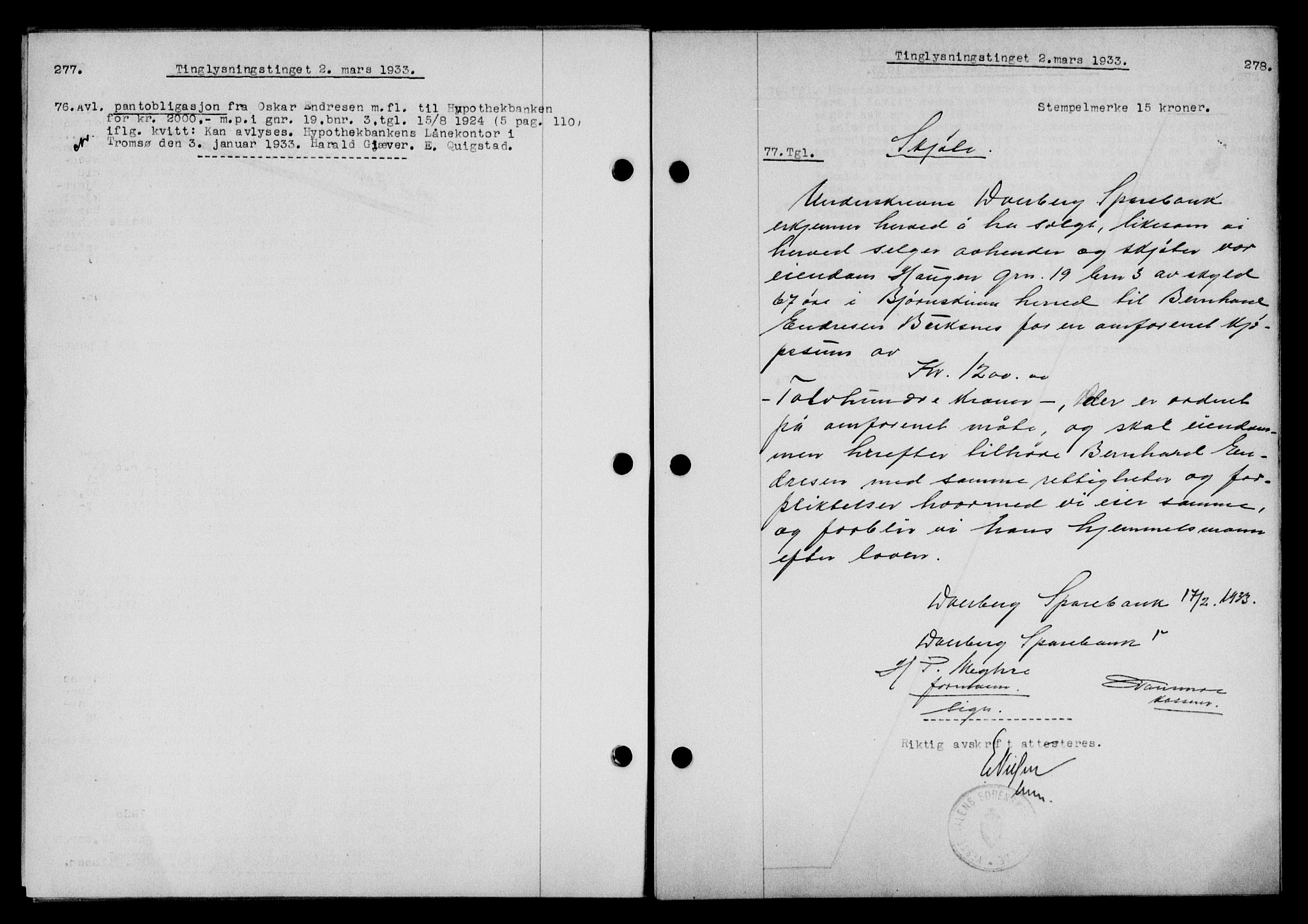 Vesterålen sorenskriveri, AV/SAT-A-4180/1/2/2Ca/L0057: Mortgage book no. 50, 1933-1933, Deed date: 02.03.1933