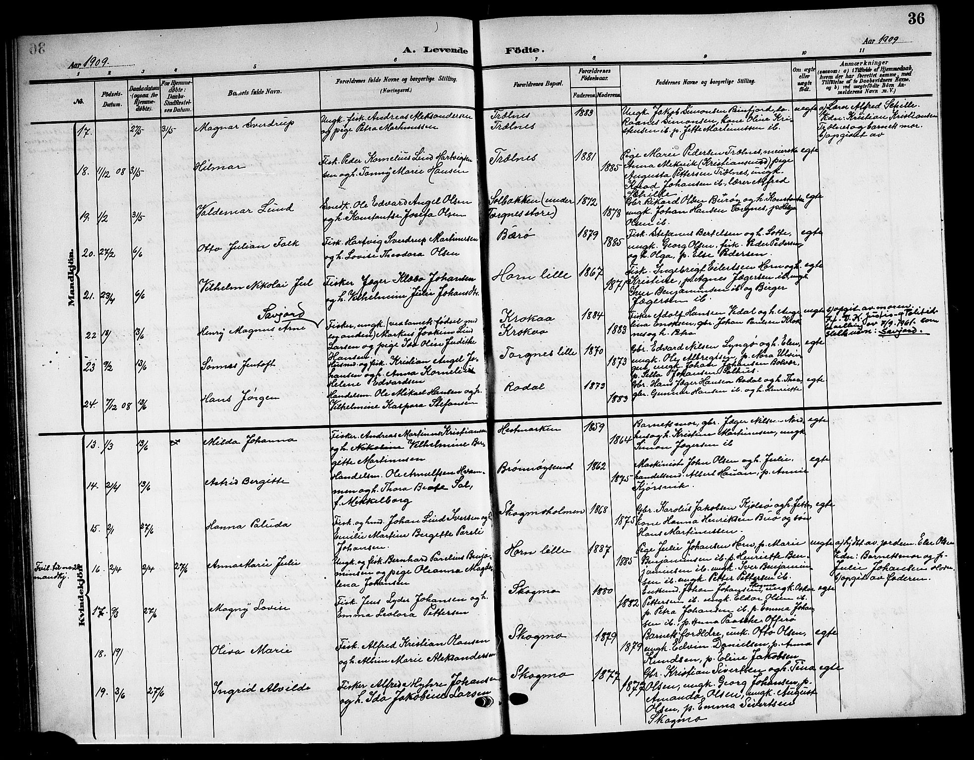 Ministerialprotokoller, klokkerbøker og fødselsregistre - Nordland, AV/SAT-A-1459/813/L0214: Parish register (copy) no. 813C06, 1904-1917, p. 36