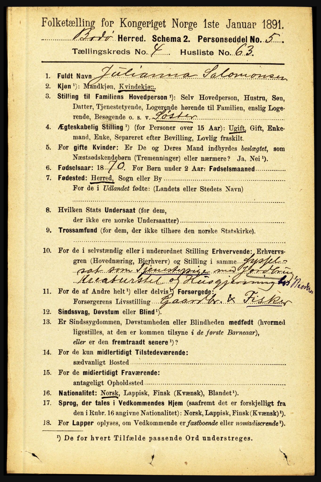 RA, 1891 census for 1843 Bodø, 1891, p. 2629