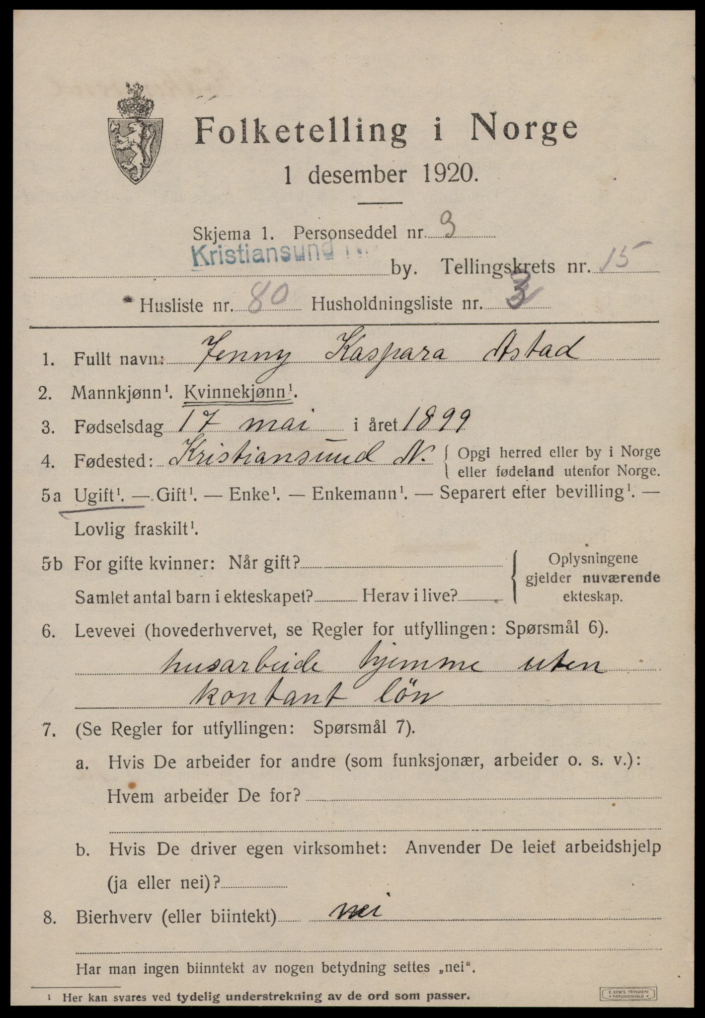 SAT, 1920 census for Kristiansund, 1920, p. 32719