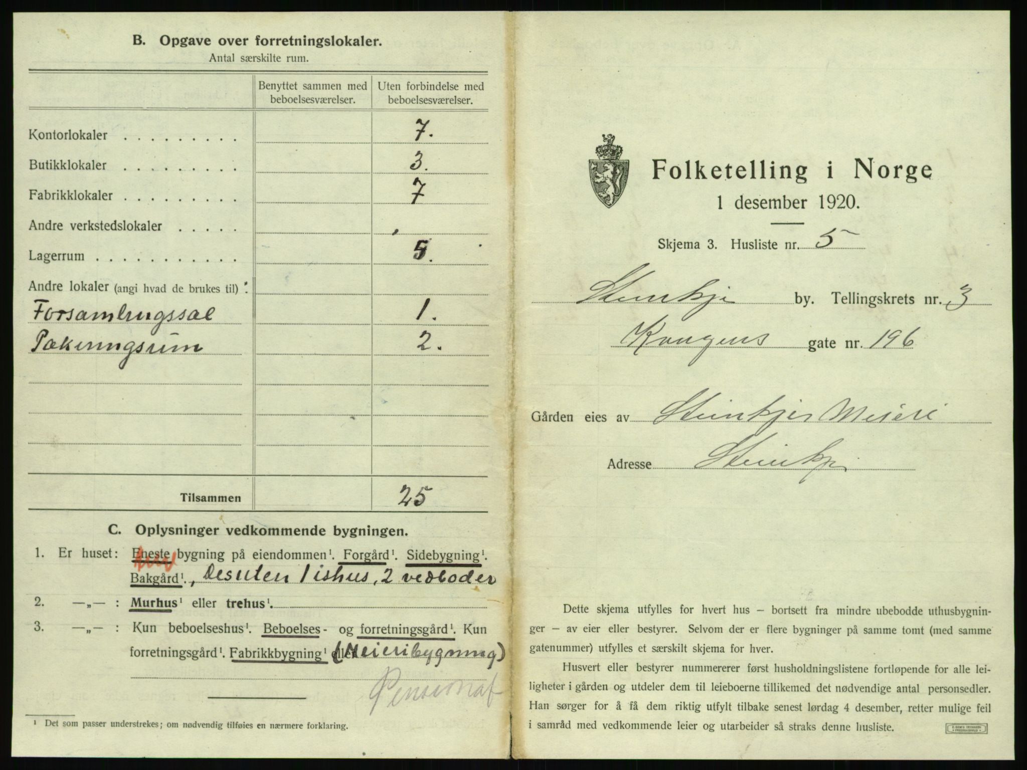 SAT, 1920 census for Steinkjer, 1920, p. 428