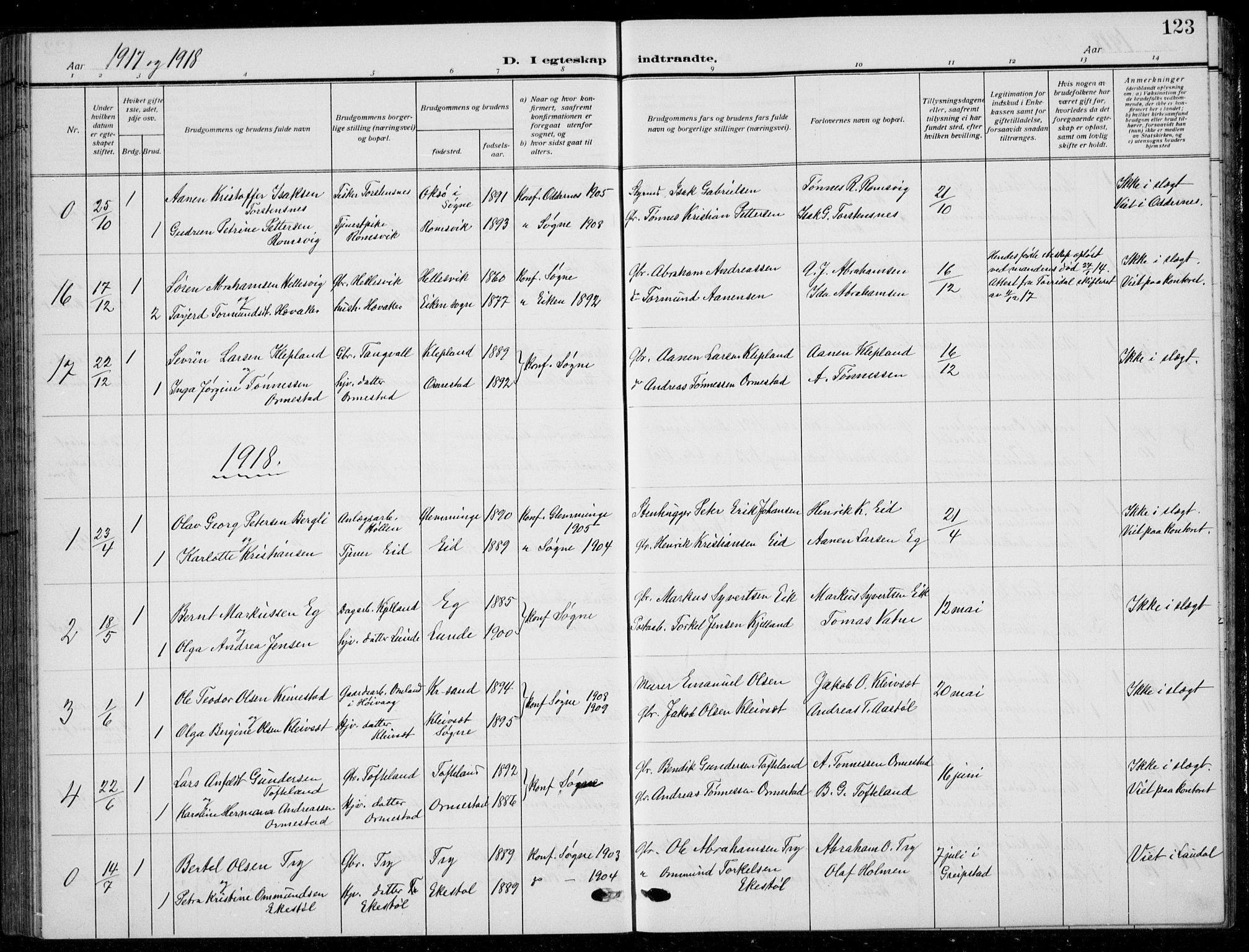 Søgne sokneprestkontor, SAK/1111-0037/F/Fb/Fbb/L0007: Parish register (copy) no. B 7, 1912-1931, p. 123