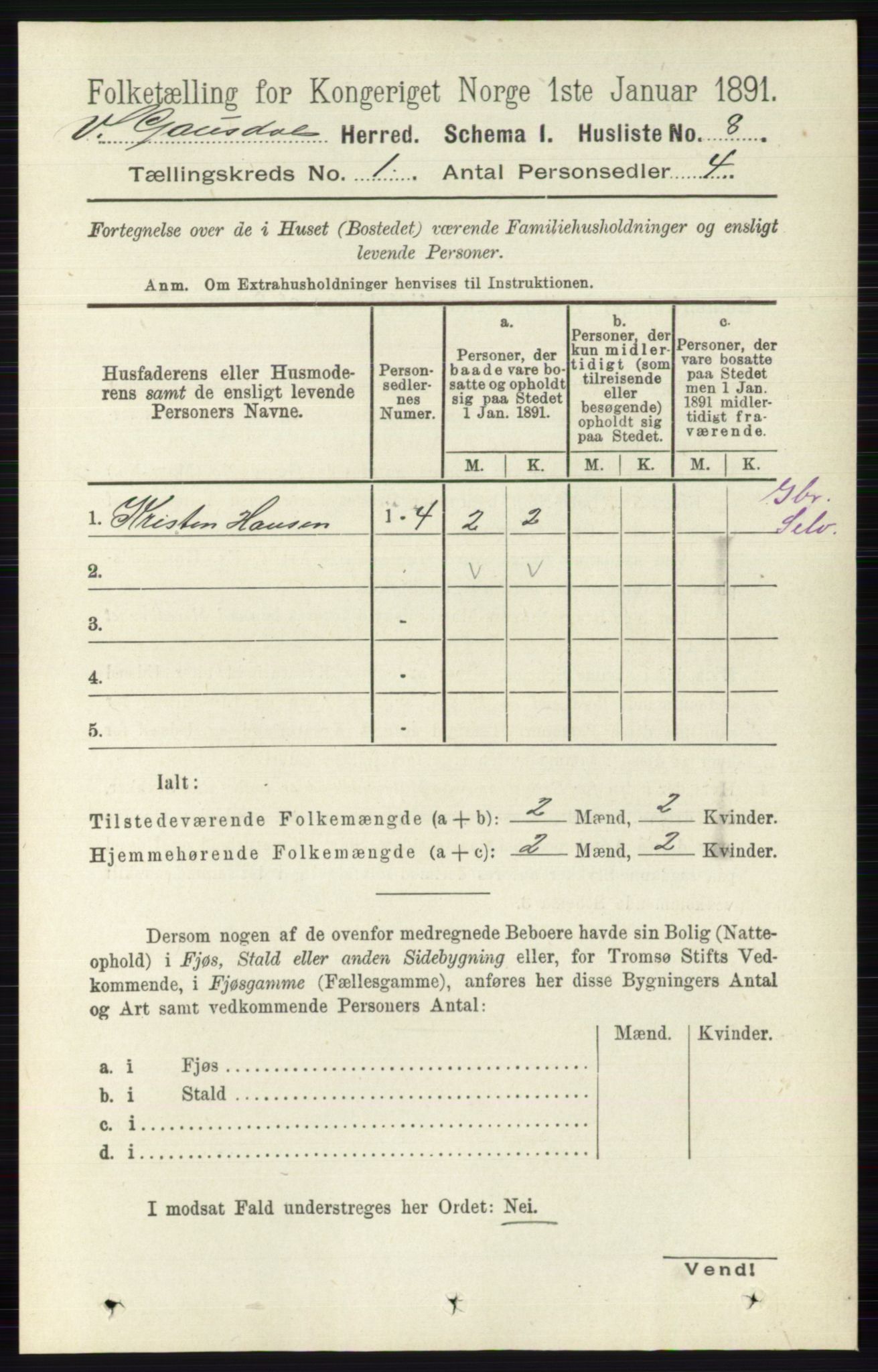 RA, 1891 census for 0523 Vestre Gausdal, 1891, p. 31