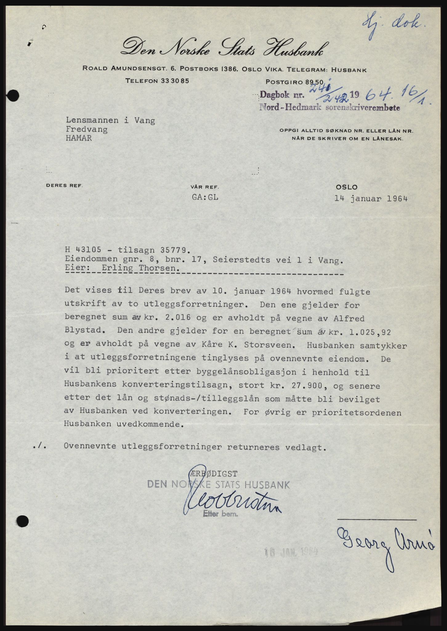 Nord-Hedmark sorenskriveri, SAH/TING-012/H/Hc/L0019: Mortgage book no. 19, 1963-1964, Diary no: : 241/1964
