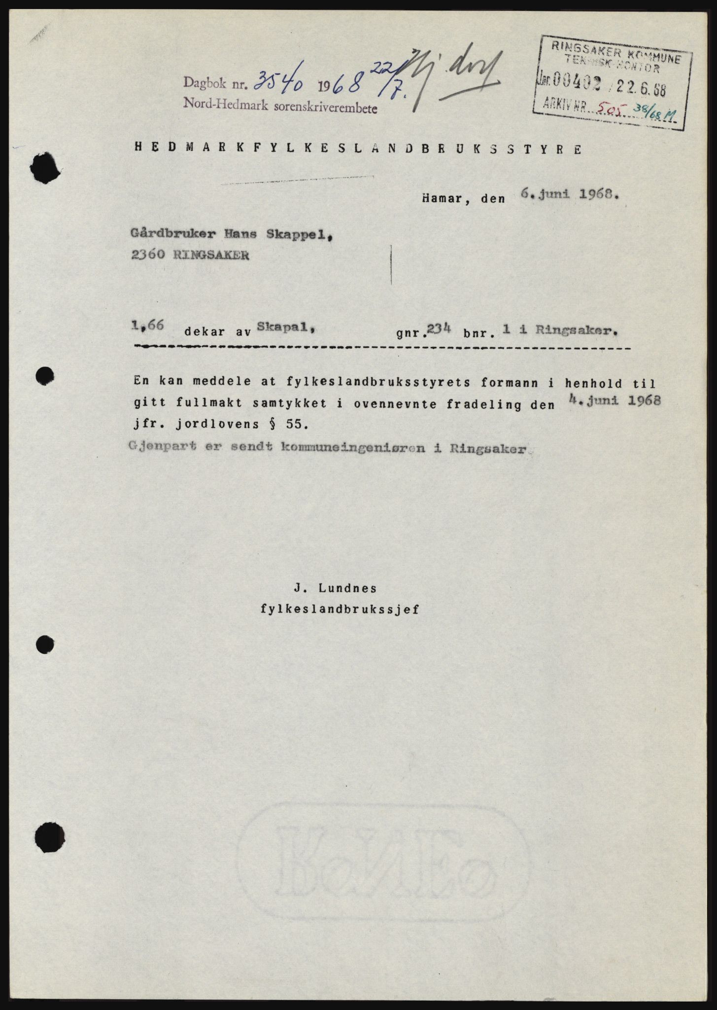 Nord-Hedmark sorenskriveri, SAH/TING-012/H/Hc/L0028: Mortgage book no. 28, 1968-1968, Diary no: : 3540/1968