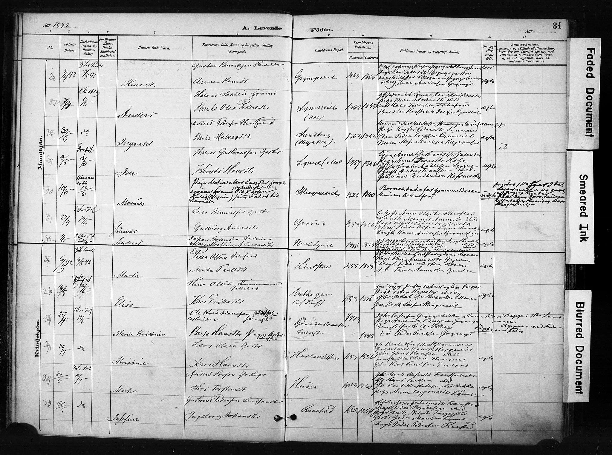 Gran prestekontor, SAH/PREST-112/H/Ha/Haa/L0017: Parish register (official) no. 17, 1889-1897, p. 34