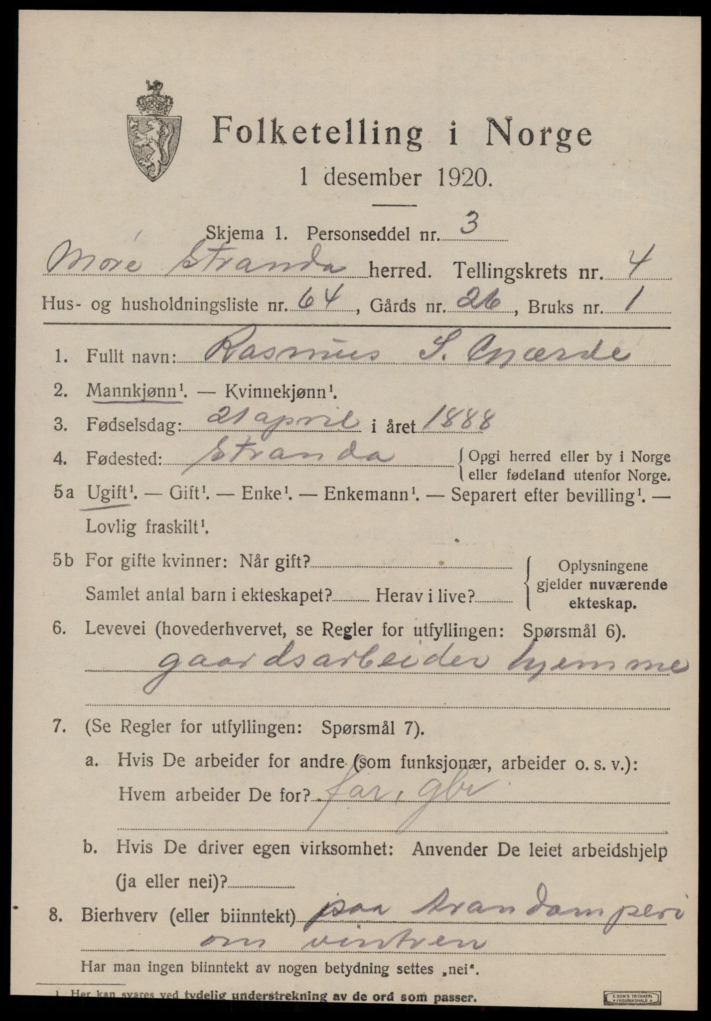 SAT, 1920 census for Stranda, 1920, p. 3203