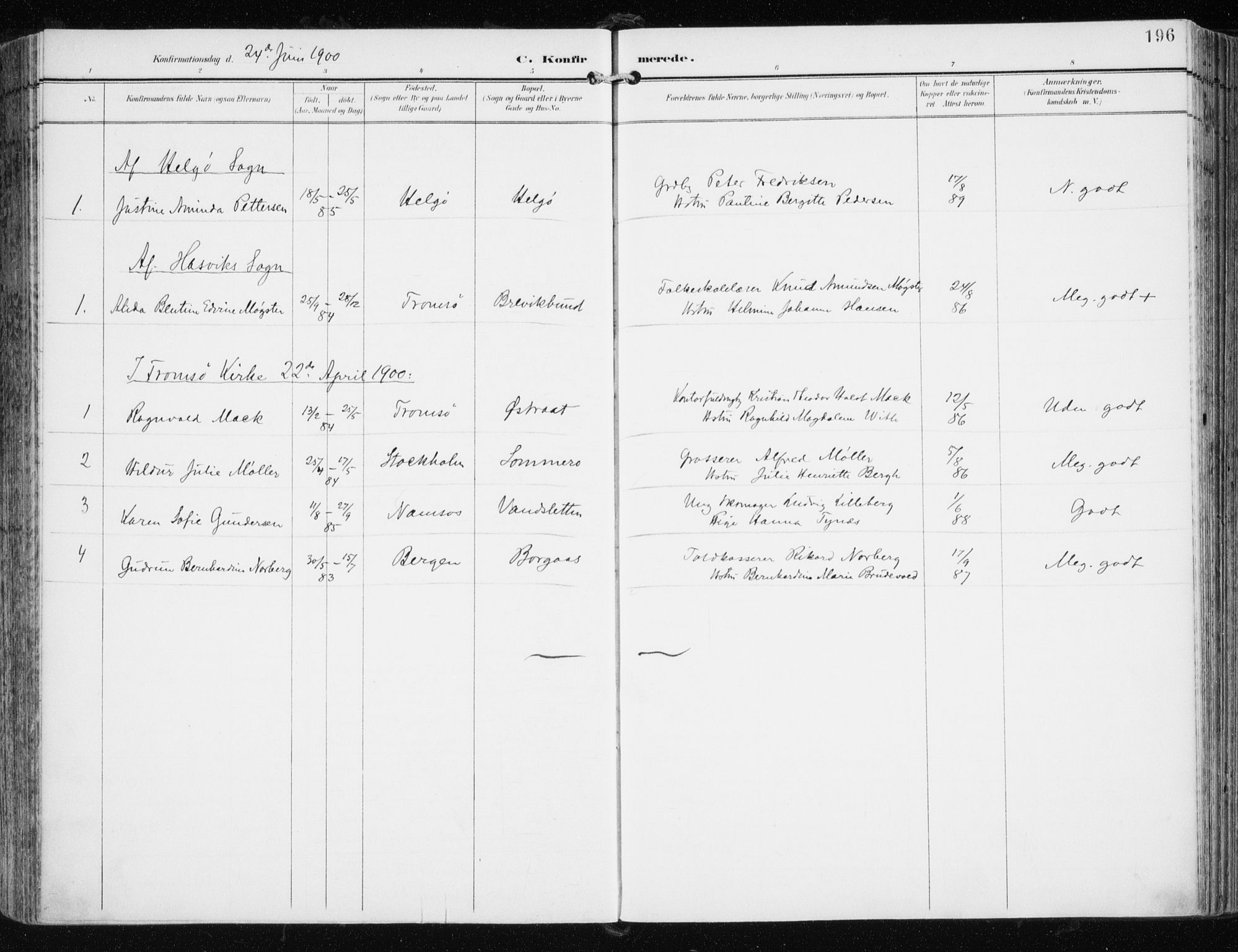 Tromsøysund sokneprestkontor, AV/SATØ-S-1304/G/Ga/L0006kirke: Parish register (official) no. 6, 1897-1906, p. 196