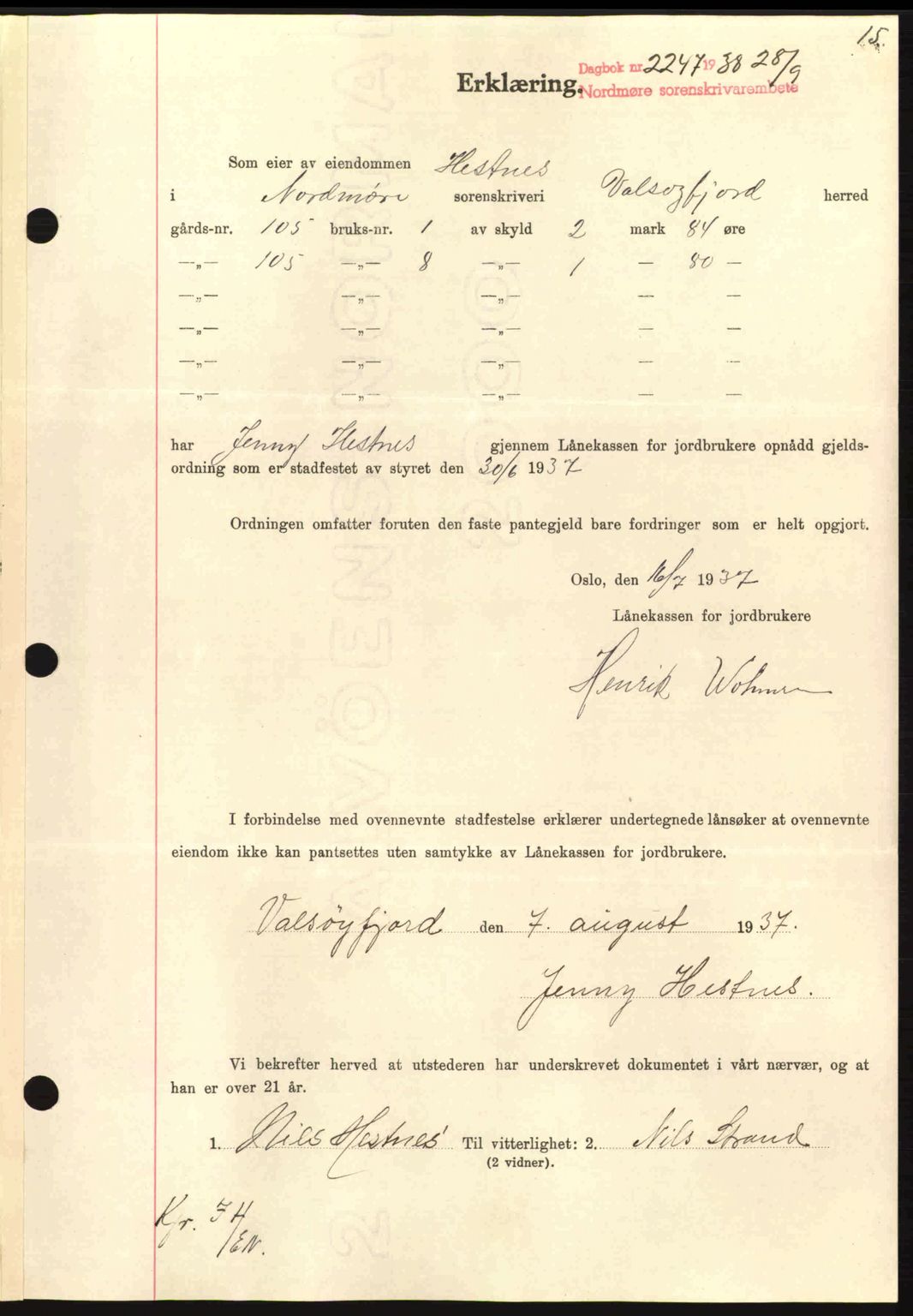 Nordmøre sorenskriveri, SAT/A-4132/1/2/2Ca: Mortgage book no. B84, 1938-1939, Diary no: : 2247/1938