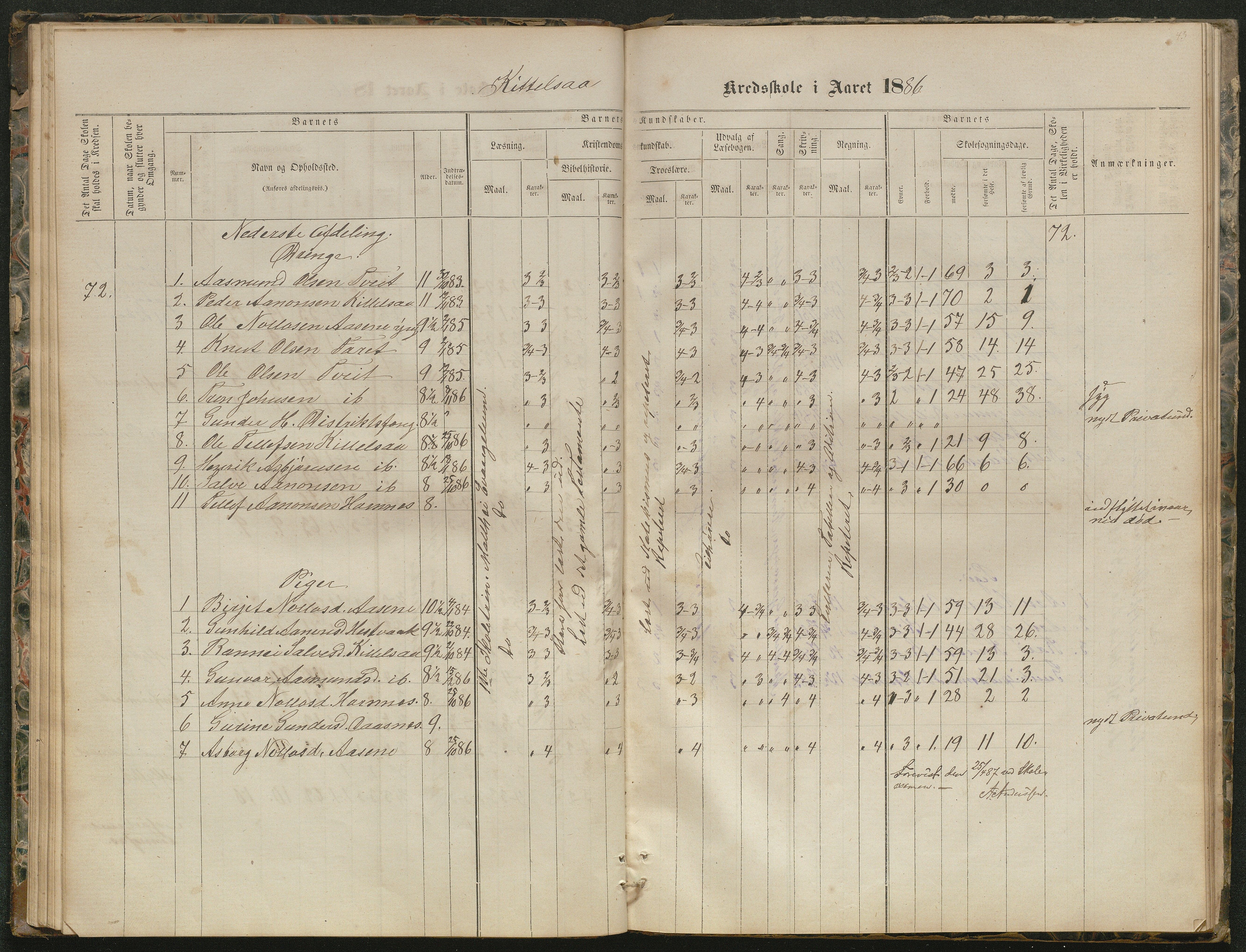 Hornnes kommune, Kjetså, Fennefoss skolekrets, AAKS/KA0936-550c/F1/L0001: Skoleprotokoll. Kjetså og Fennefoss, 1864-1909, p. 43