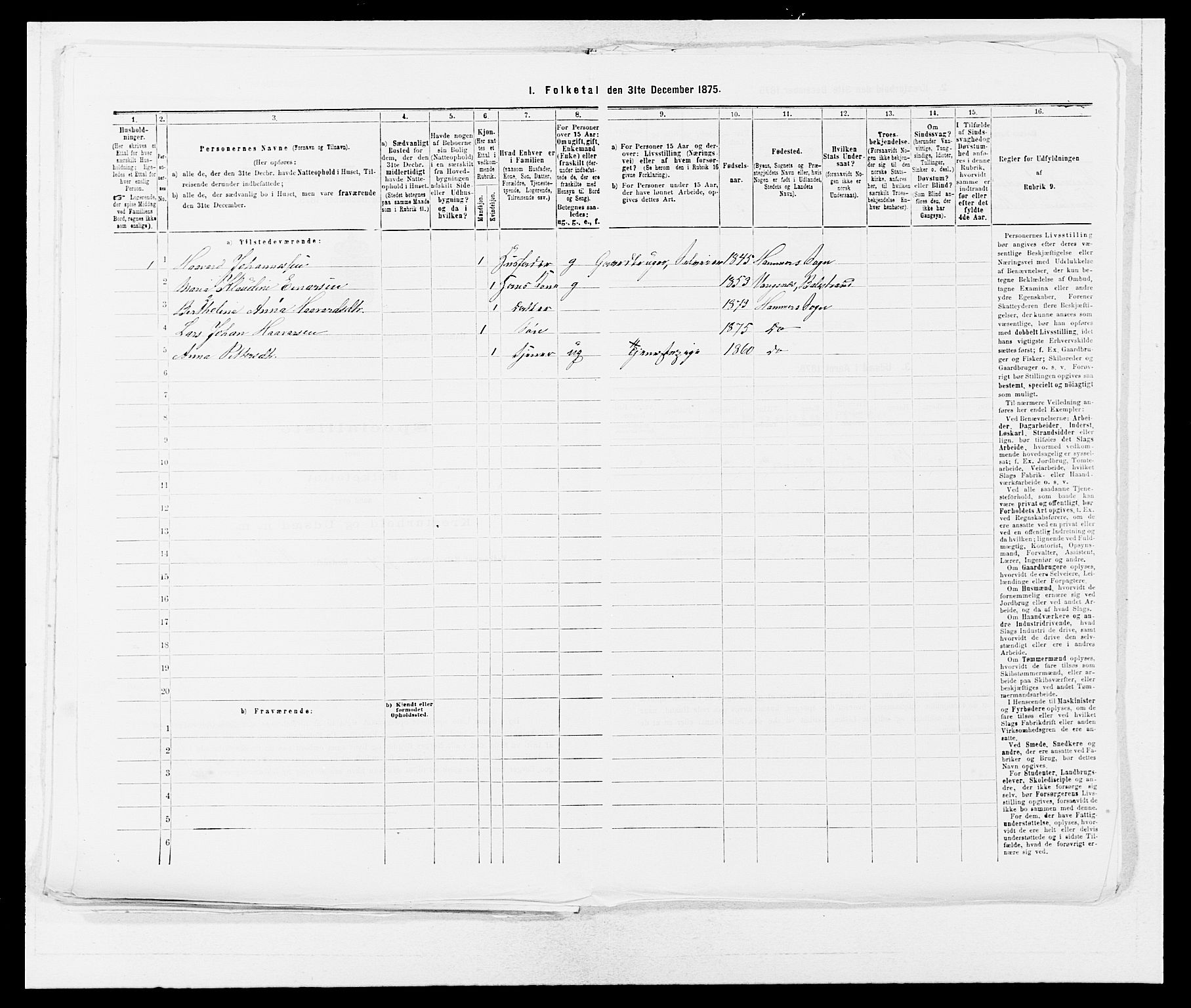 SAB, 1875 census for 1254P Hamre, 1875, p. 1174