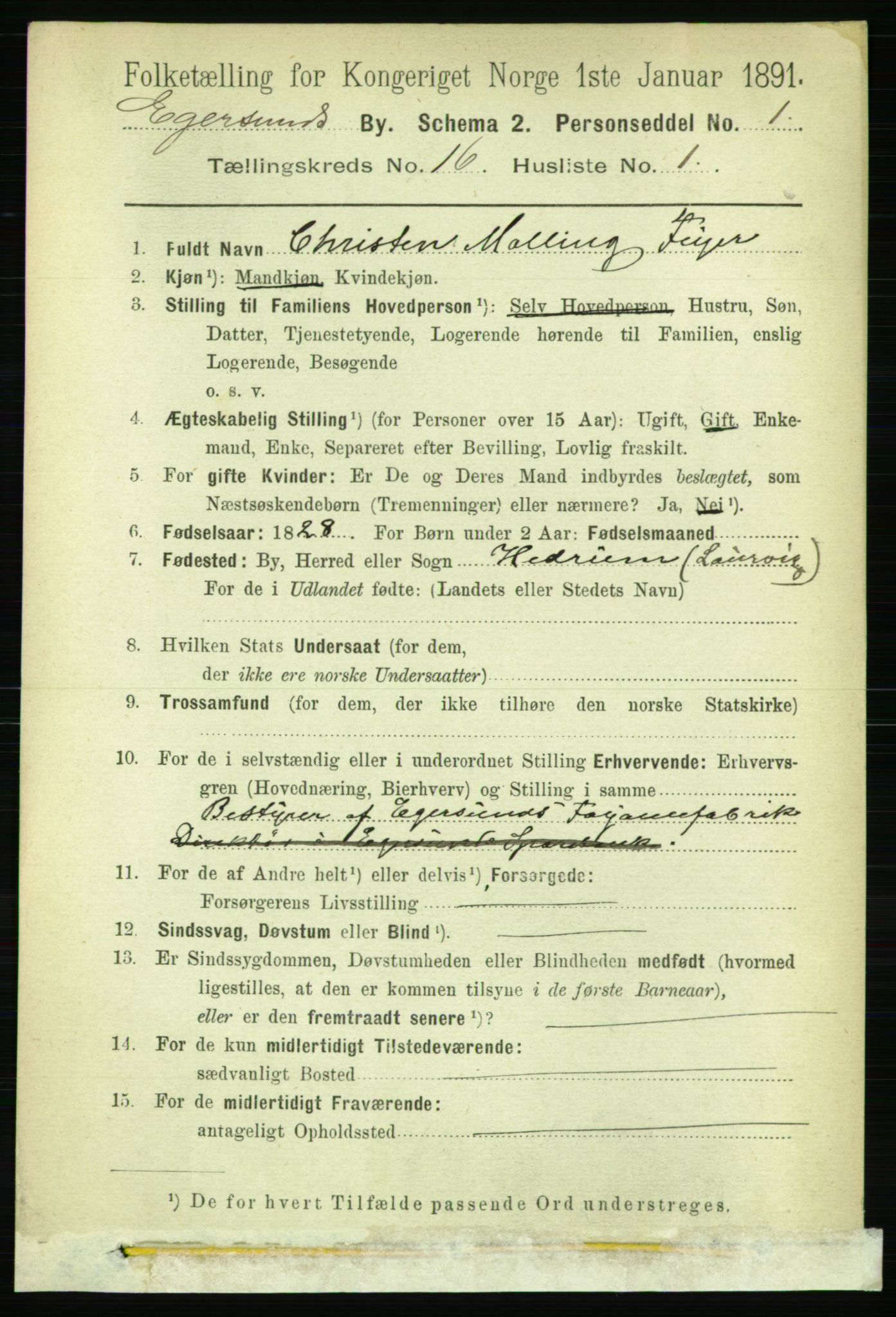 RA, 1891 census for 1101 Egersund, 1891, p. 2923