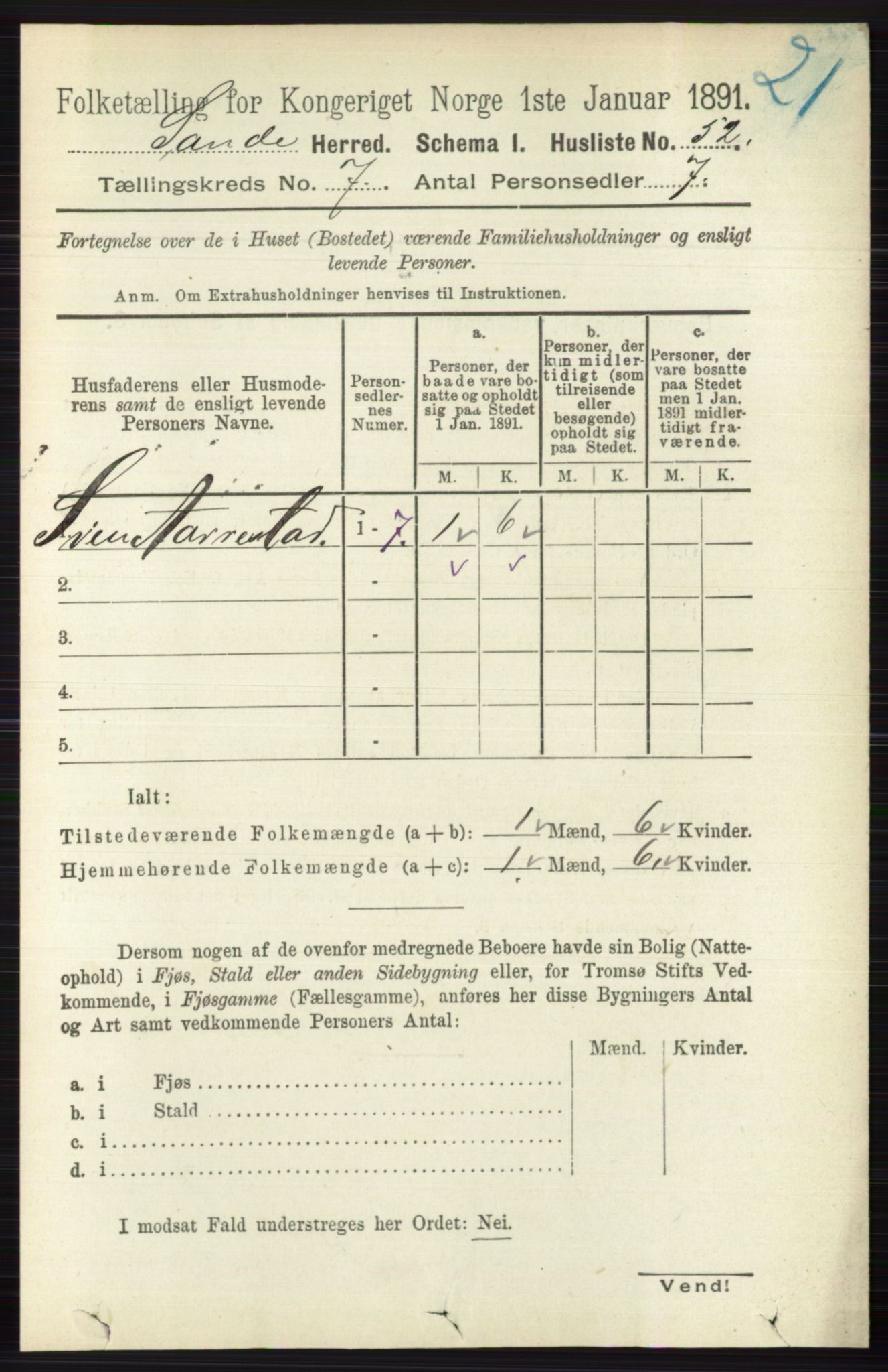 RA, 1891 census for 0713 Sande, 1891, p. 3133