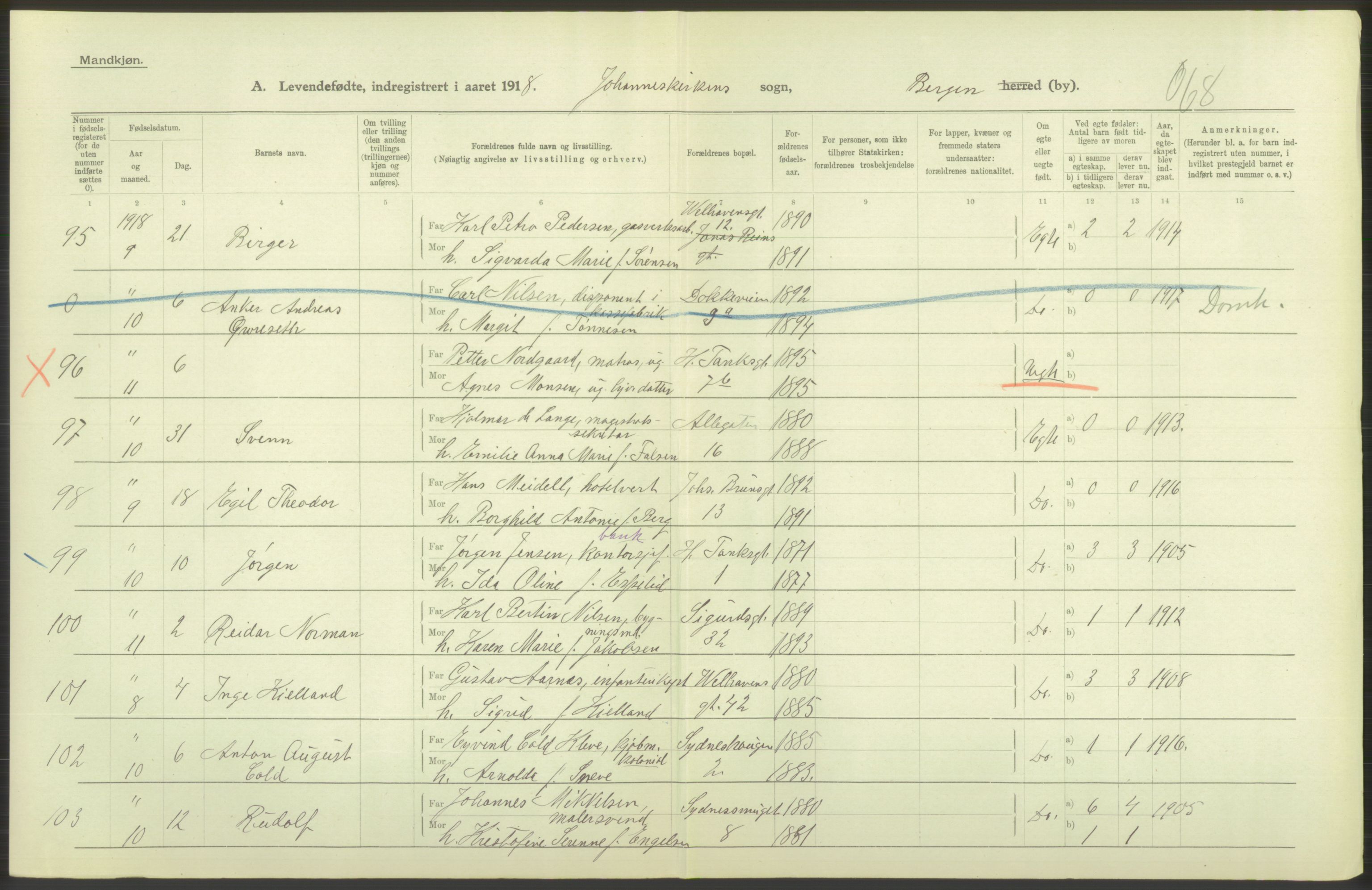 Statistisk sentralbyrå, Sosiodemografiske emner, Befolkning, AV/RA-S-2228/D/Df/Dfb/Dfbh/L0037: Bergen: Levendefødte menn og kvinner., 1918, p. 476