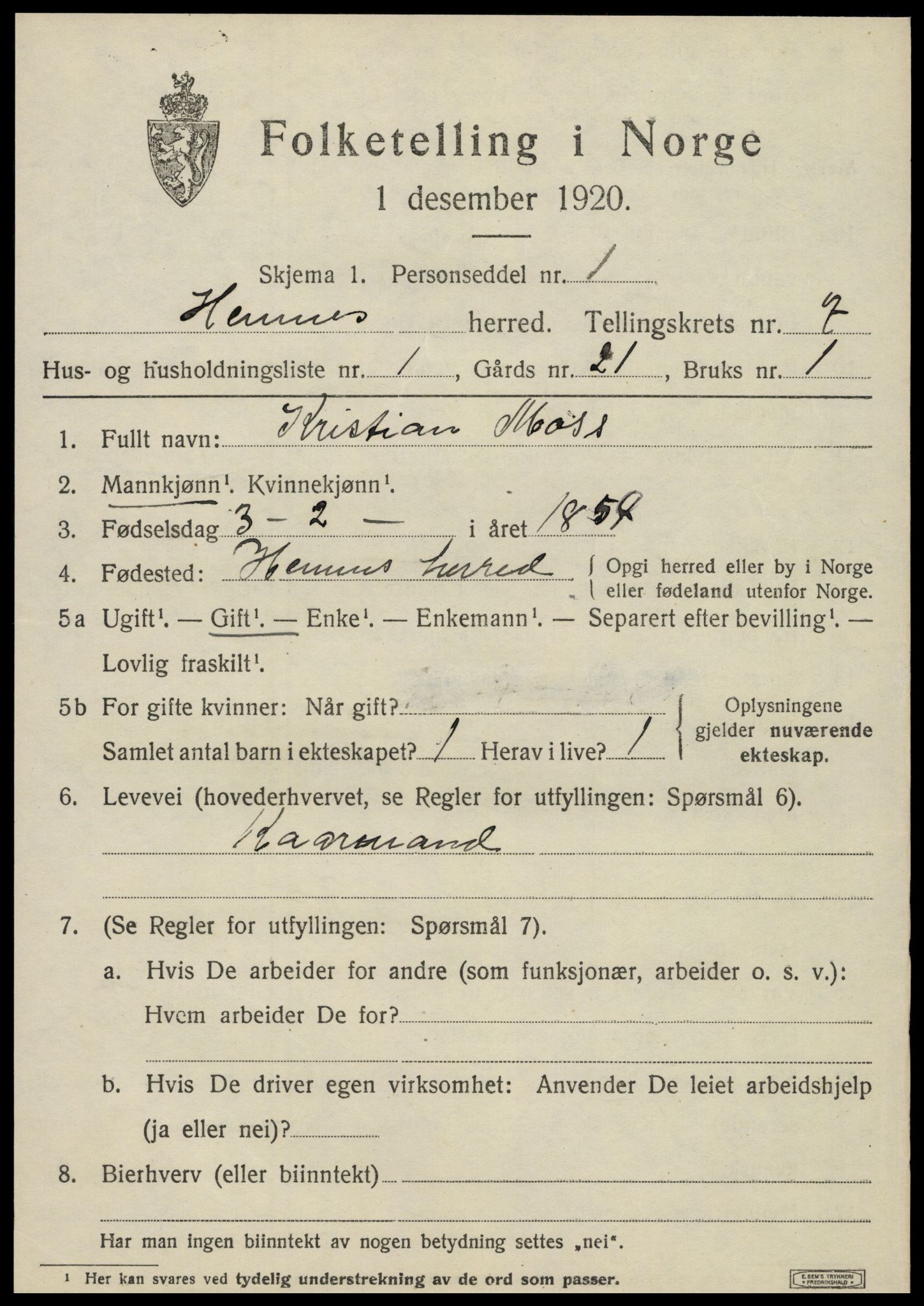 SAT, 1920 census for Hemnes, 1920, p. 6922