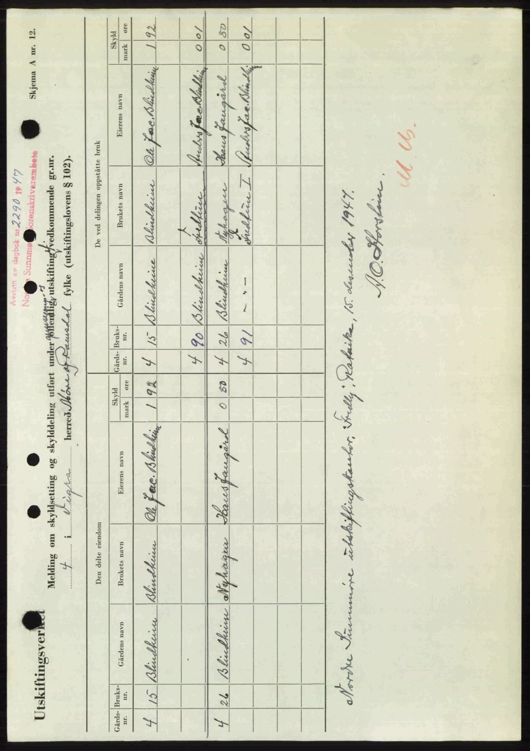 Nordre Sunnmøre sorenskriveri, AV/SAT-A-0006/1/2/2C/2Ca: Mortgage book no. A26, 1947-1948, Diary no: : 2290/1947