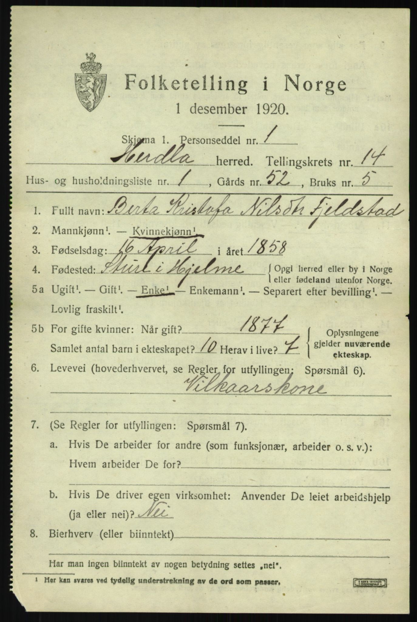 SAB, 1920 census for Herdla, 1920, p. 9687