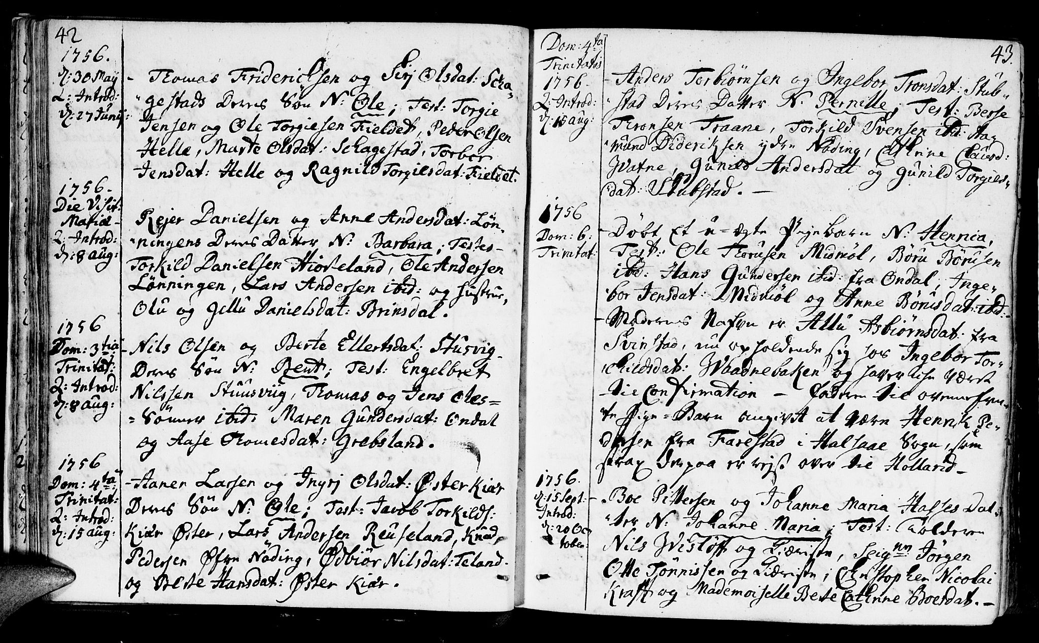 Holum sokneprestkontor, AV/SAK-1111-0022/F/Fa/Faa/L0002: Parish register (official) no. A 2, 1756-1780, p. 42-43