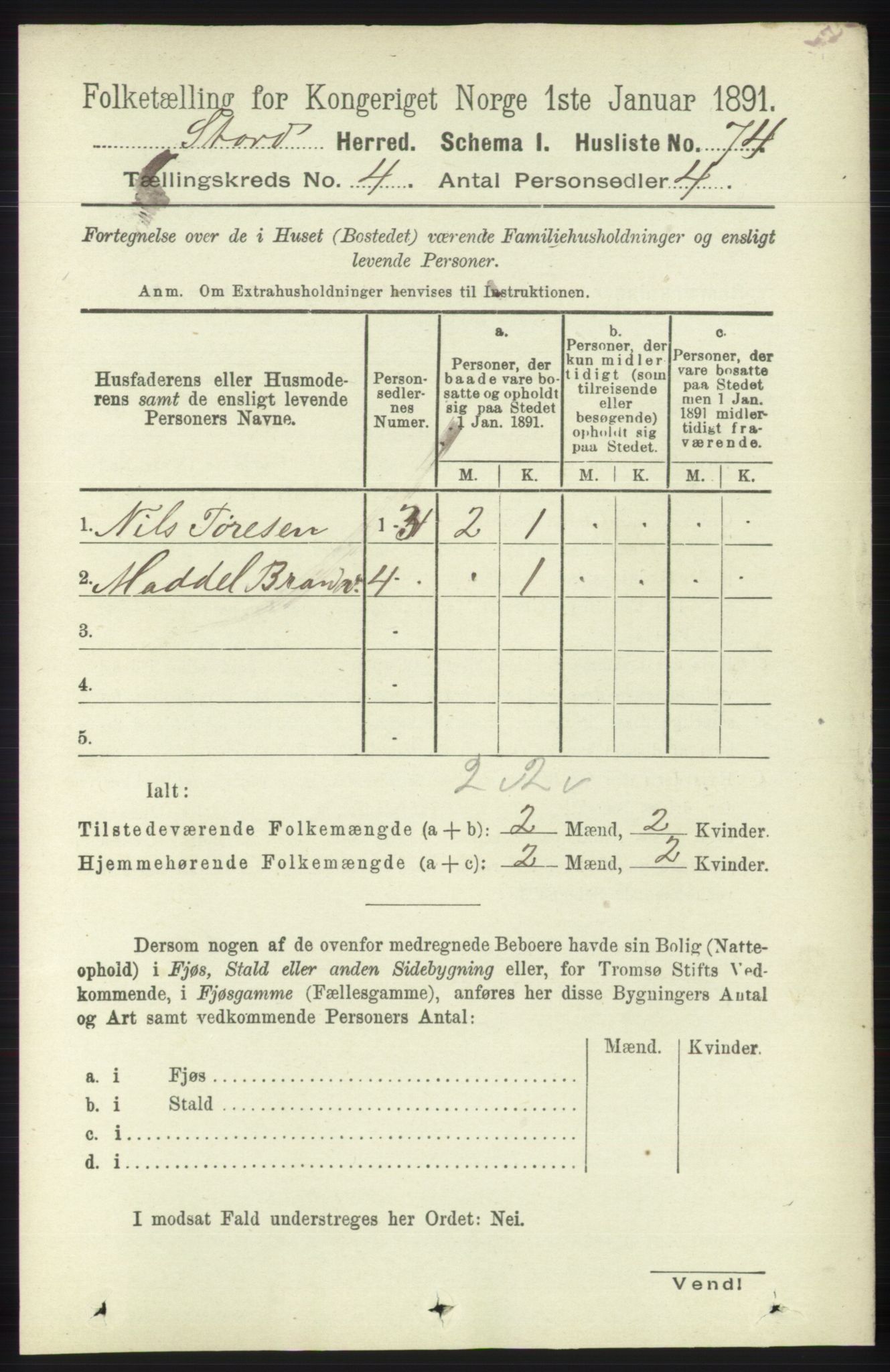 RA, 1891 census for 1221 Stord, 1891, p. 1032