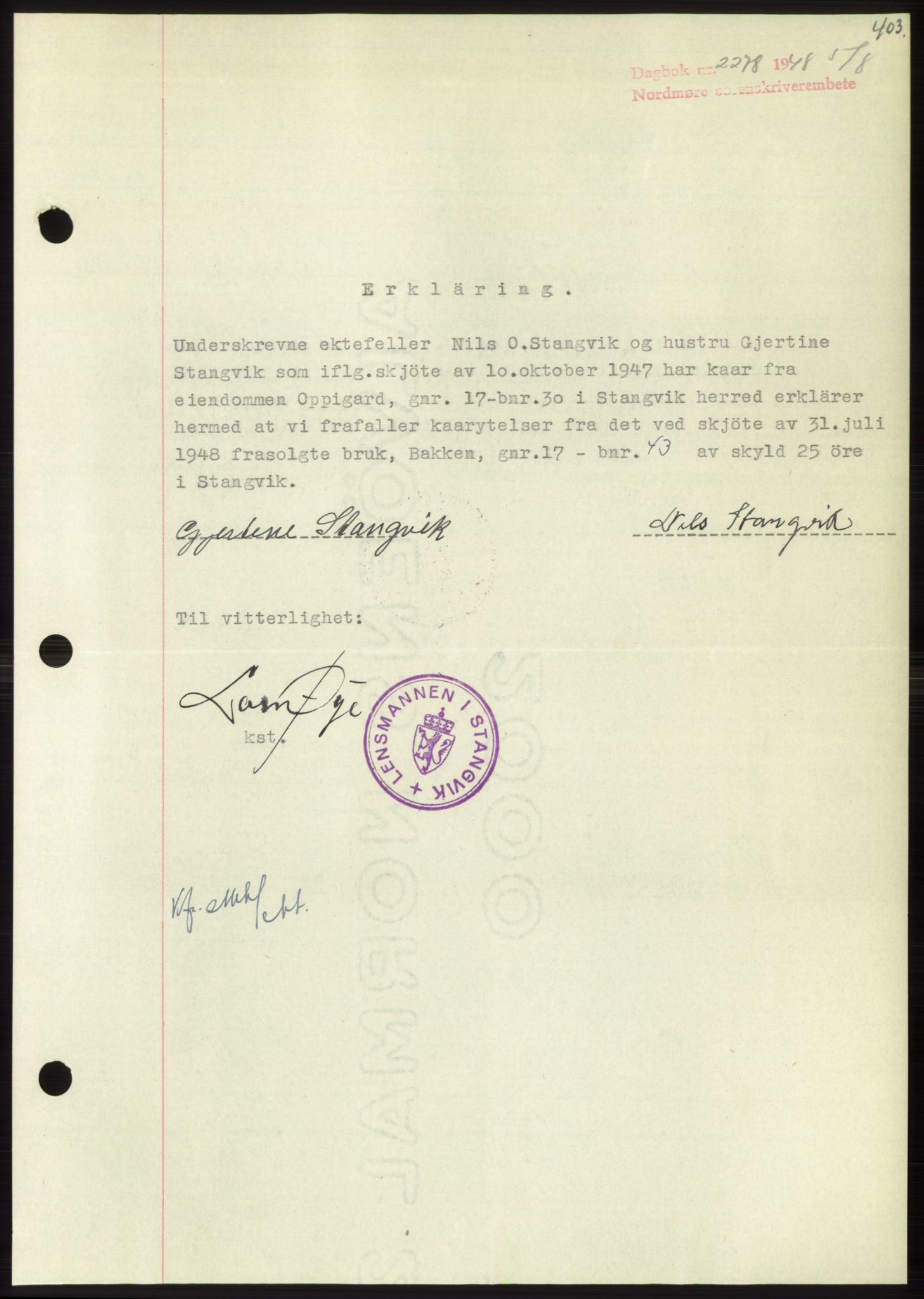 Nordmøre sorenskriveri, AV/SAT-A-4132/1/2/2Ca: Mortgage book no. B99, 1948-1948, Diary no: : 2278/1948