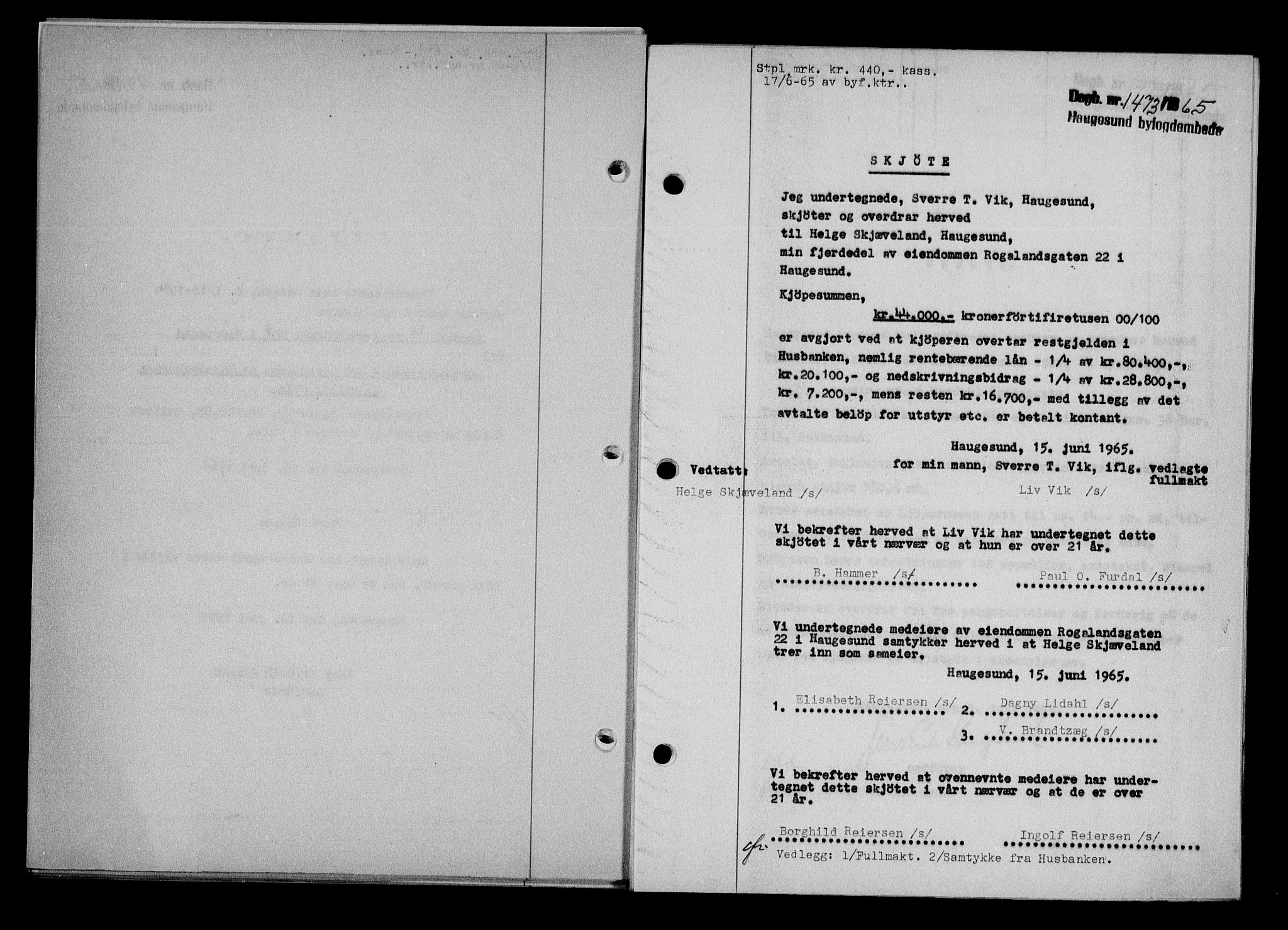 Haugesund tingrett, AV/SAST-A-101415/01/II/IIC/L0076: Mortgage book no. A 17, 1965-1966, Diary no: : 1473/1965