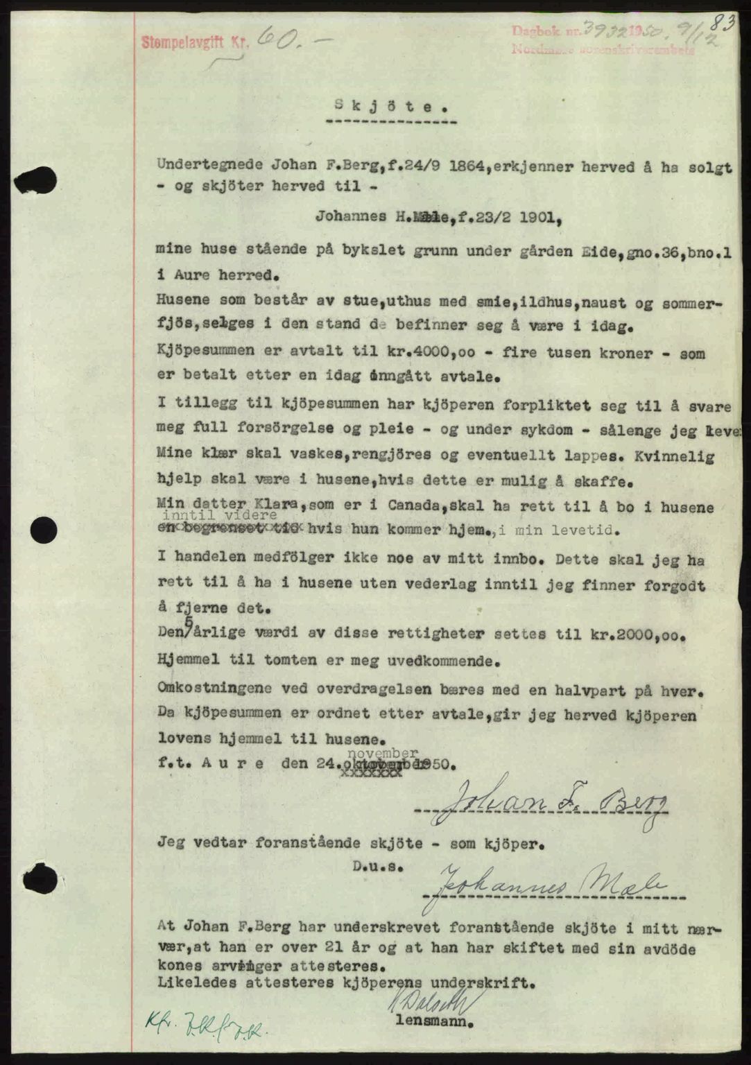 Nordmøre sorenskriveri, AV/SAT-A-4132/1/2/2Ca: Mortgage book no. A117, 1950-1950, Diary no: : 3932/1950