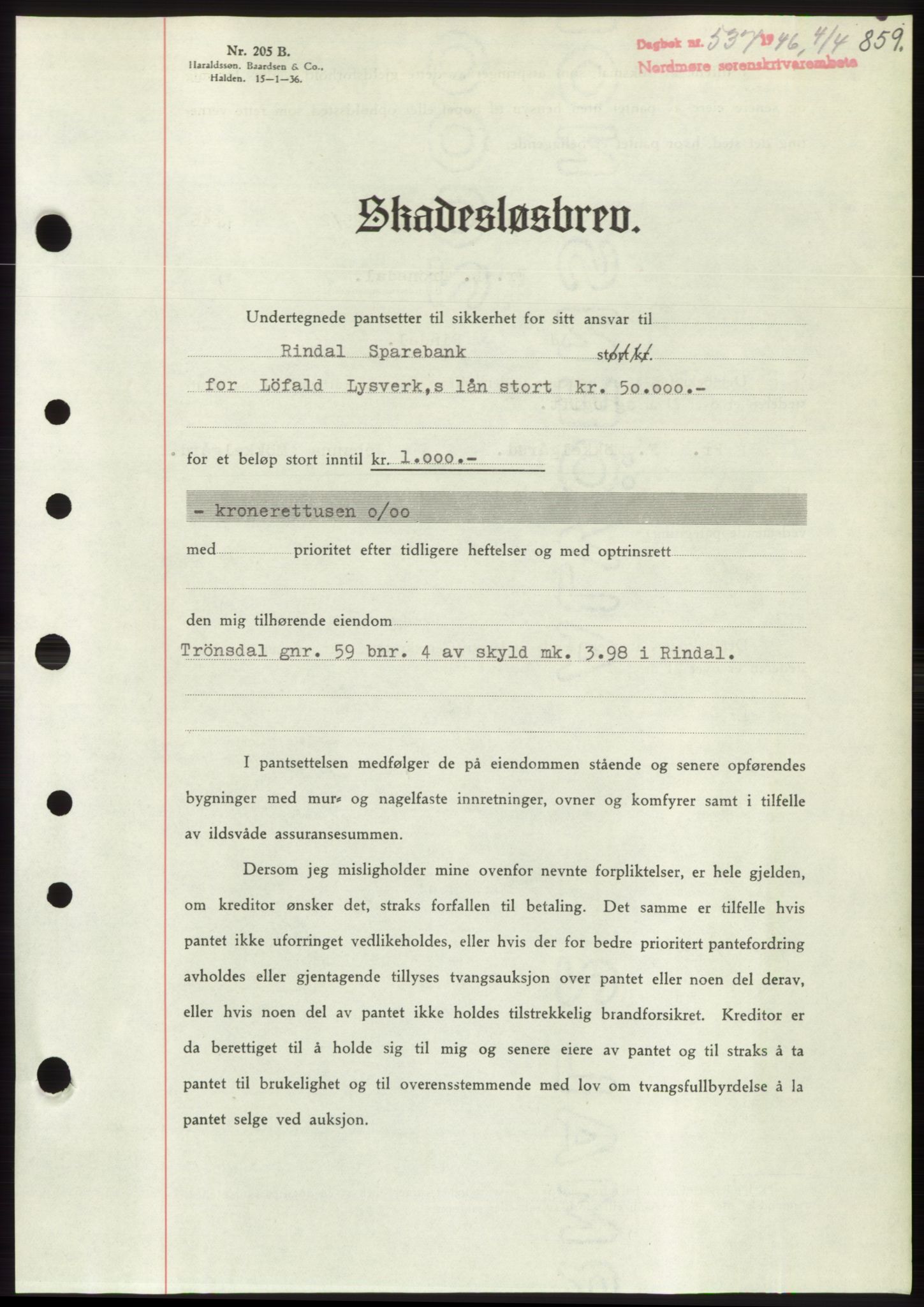 Nordmøre sorenskriveri, AV/SAT-A-4132/1/2/2Ca: Mortgage book no. B93b, 1946-1946, Diary no: : 537/1946